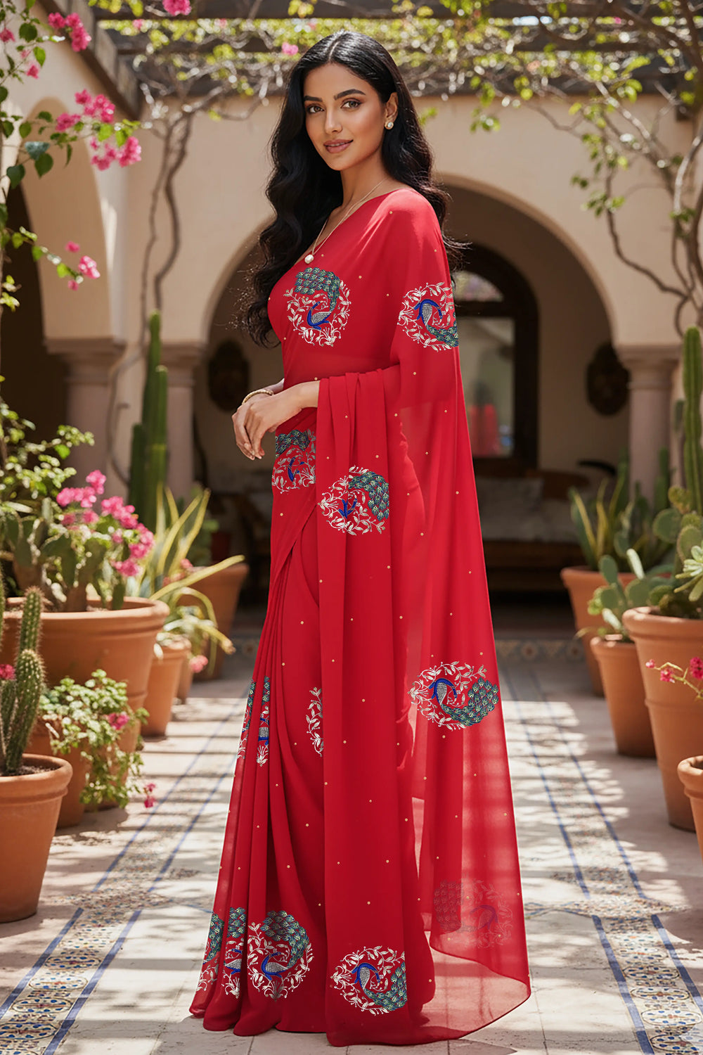 An Indian woman standing in a garden courtyard wearing a tomato red chiffon saree embellished with blue, sliver and green sequin of peacock motifs by Umaid Couture.  
