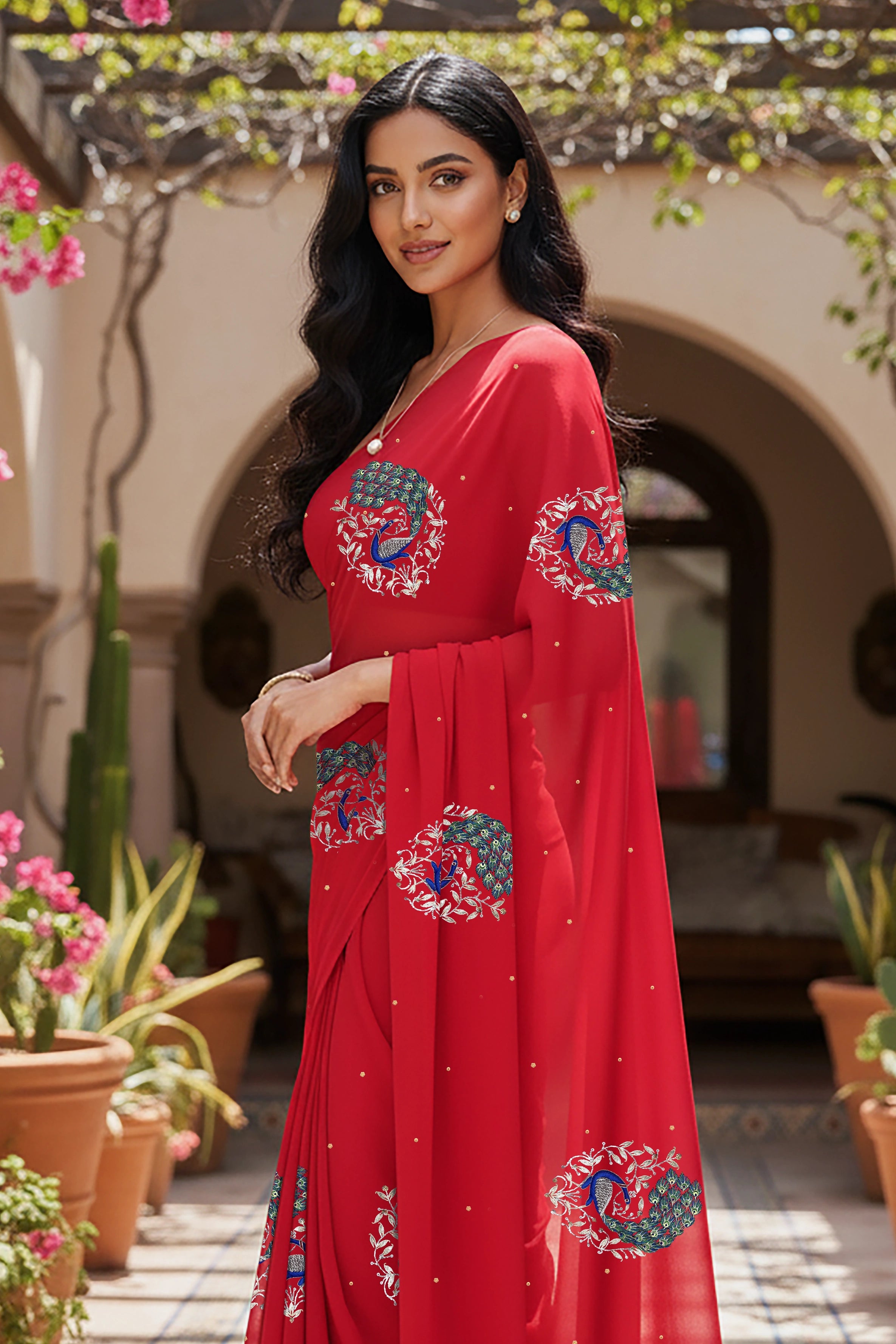 An Indian woman standing in a garden courtyard wearing a tomato red chiffon saree embellished with blue, sliver and green sequin of peacock motifs by Umaid Couture.  

