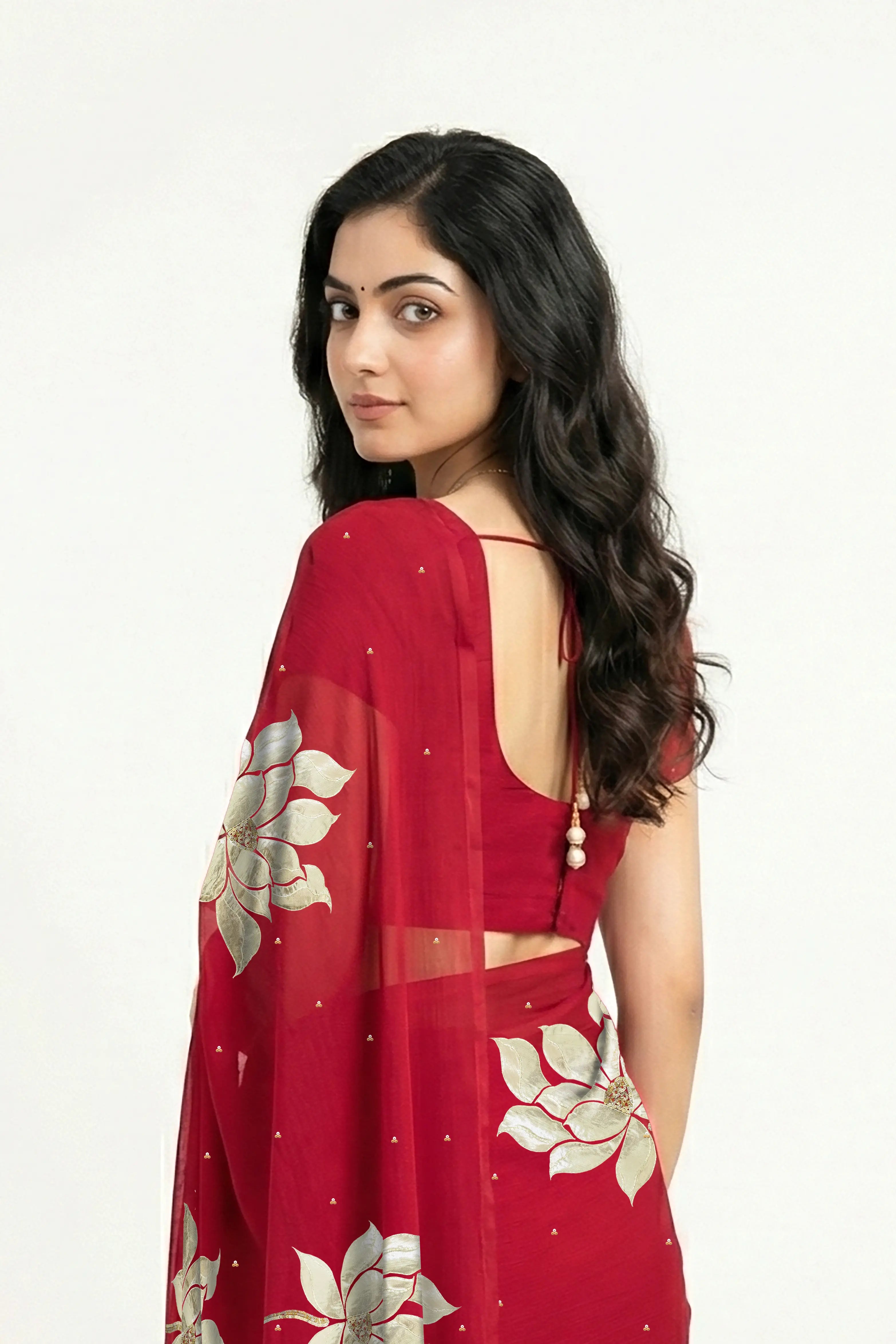 An Indian woman in Red Padma Saree embellished  with Blooming lotus flowers made of Gota, Zari & sequins by craft of Aari-Zardosi, a product of Umaid Couture
