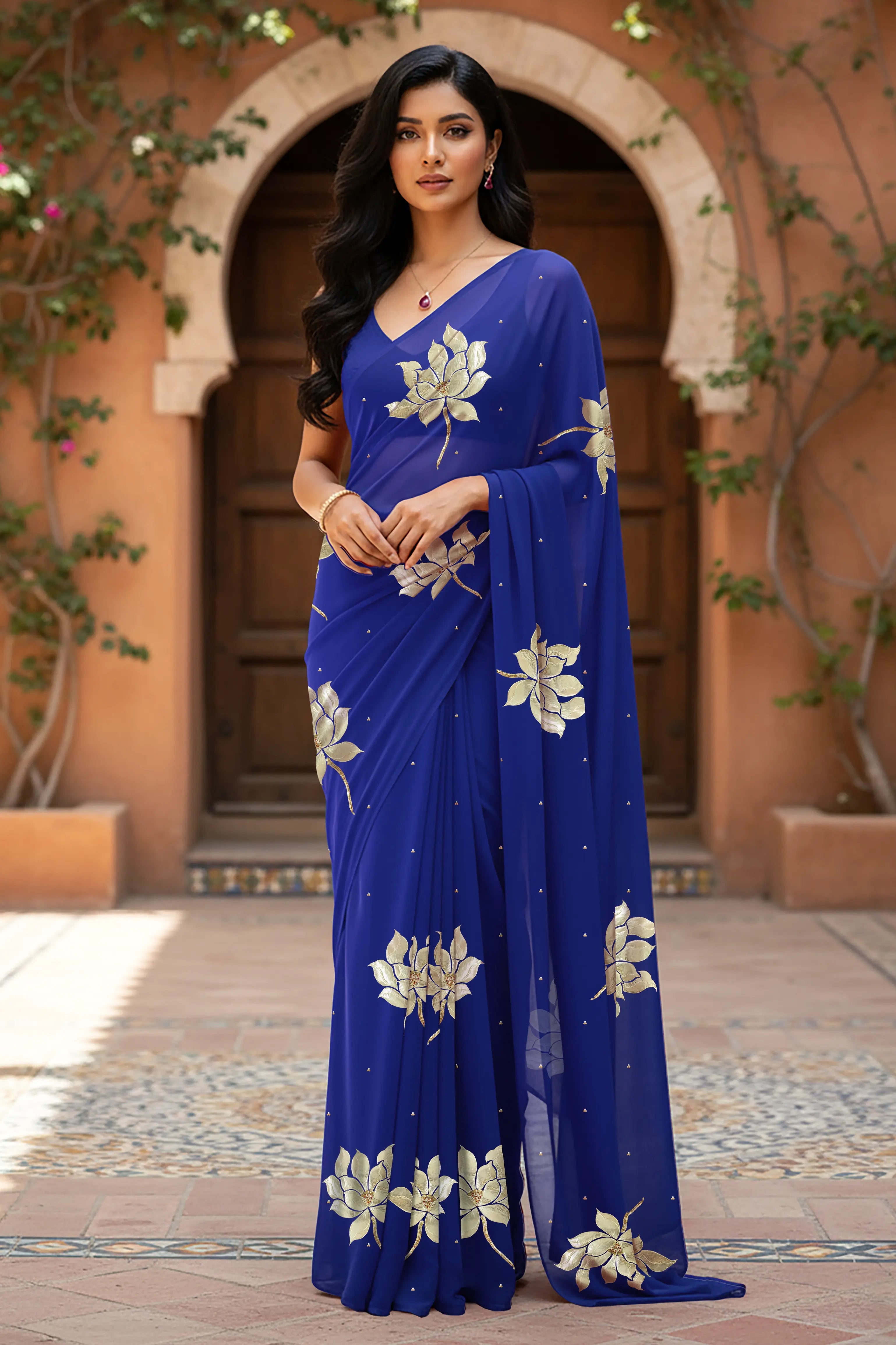 An Indian woman standing in a garden courtyard wearing blue chiffon saree embellished with large gota lotus flower motifs by Umaid Couture.  

