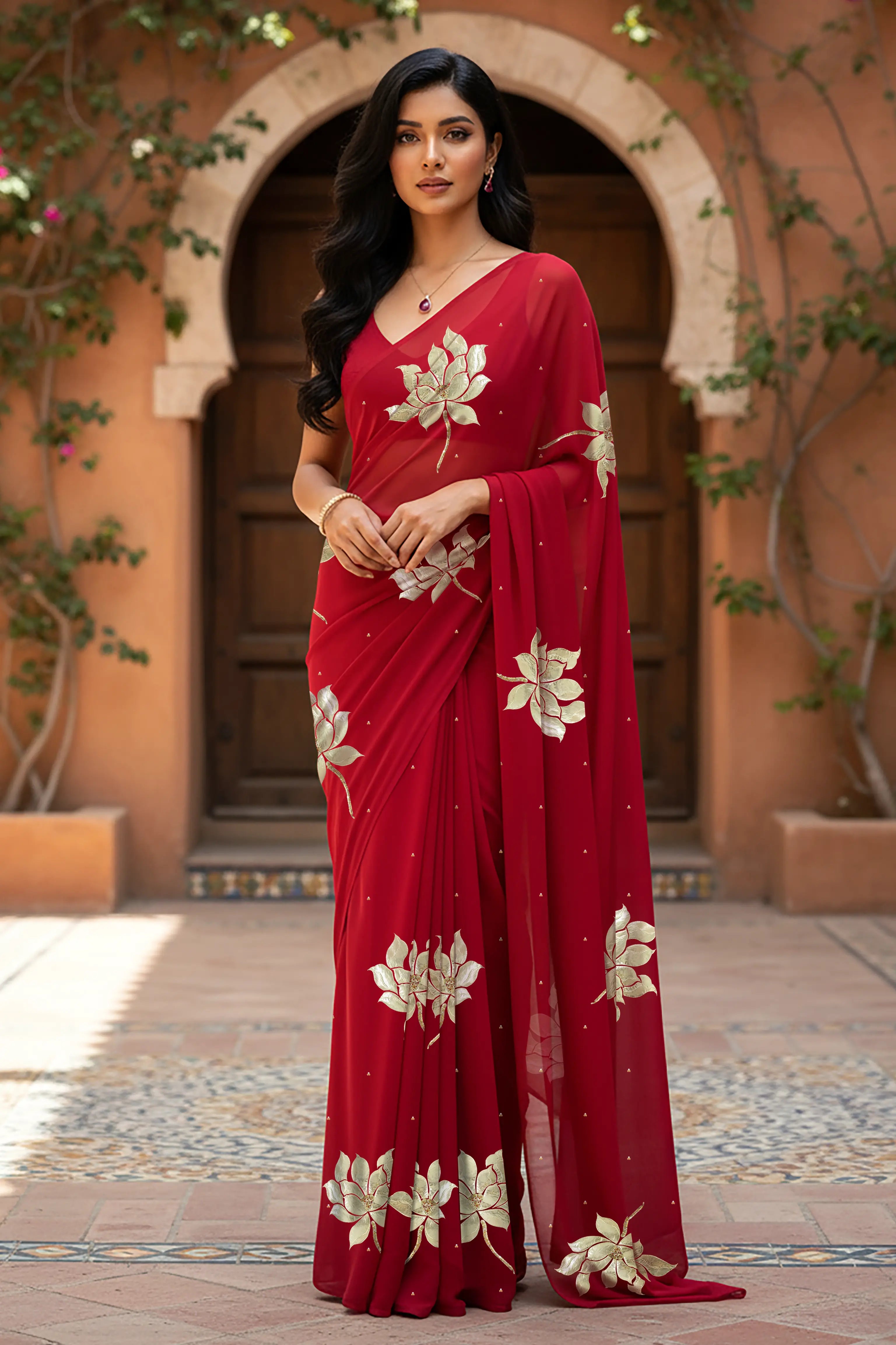 An Indian woman standing in a garden courtyard wearing red chiffon saree embellished with large gota lotus flower motifs by Umaid Couture.  
