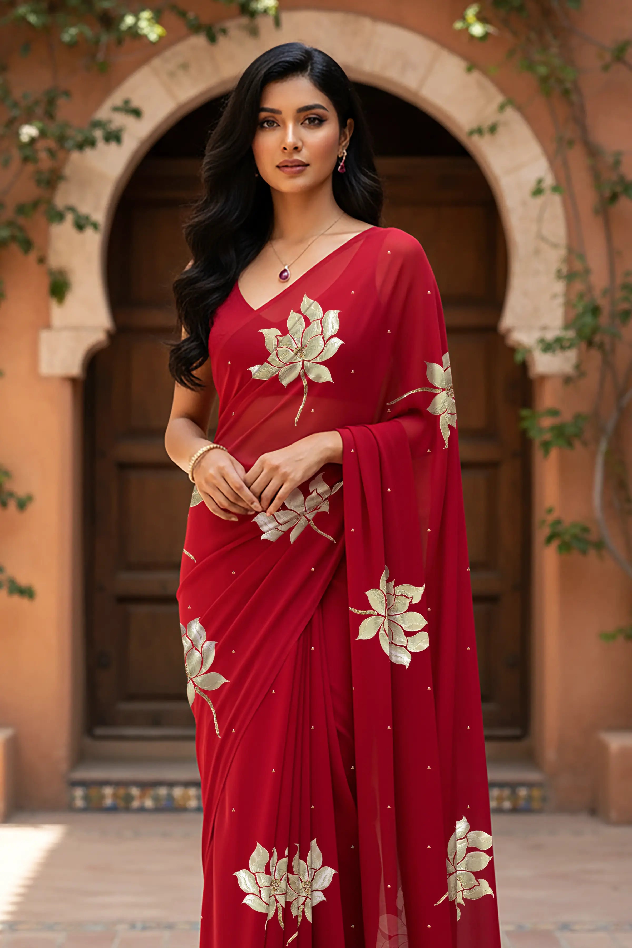 An Indian woman standing in a garden courtyard wearing red chiffon saree embellished with large gota lotus flower motifs by Umaid Couture.  
