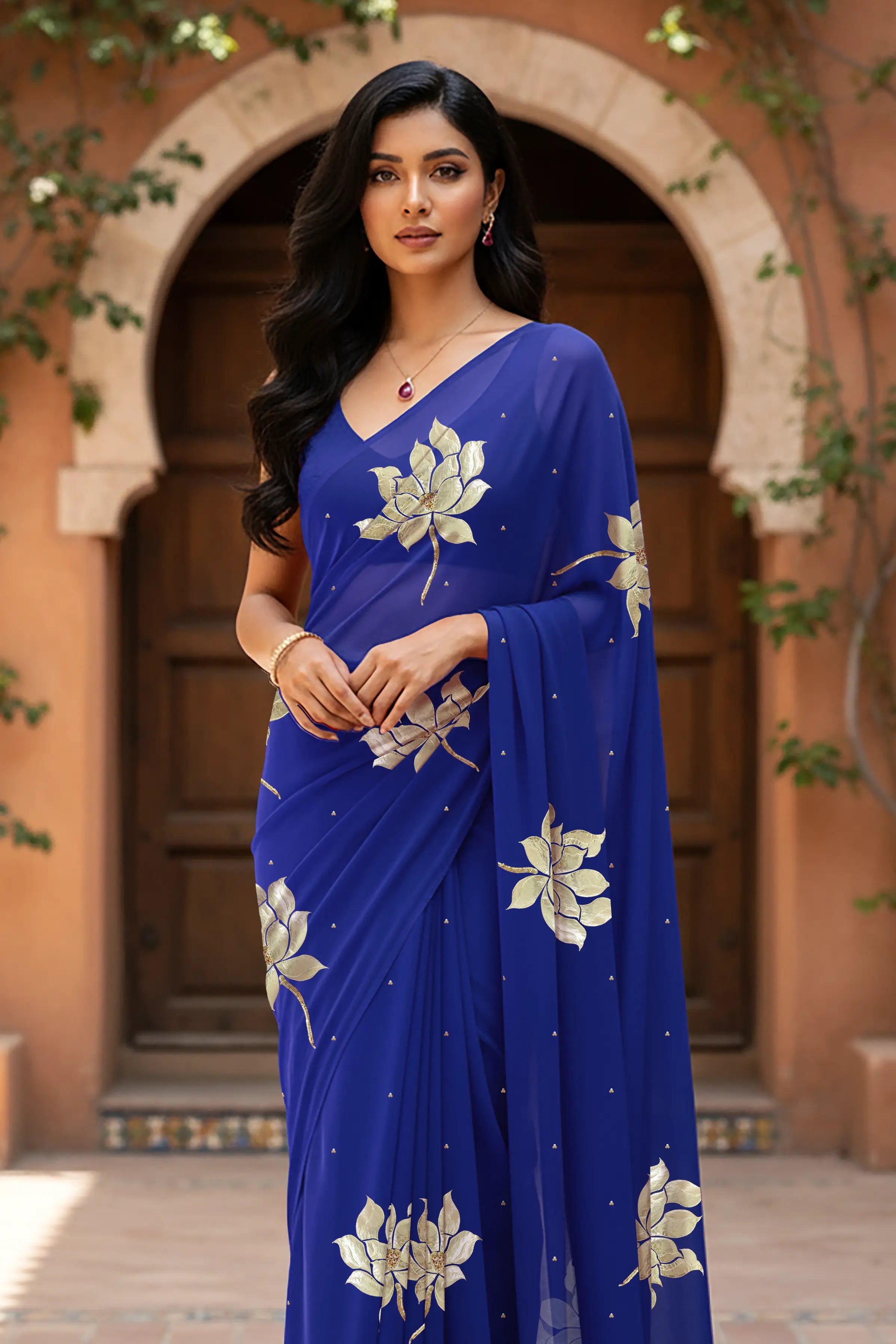 An Indian woman standing in a garden courtyard wearing blue chiffon saree embellished with large gota lotus flower motifs by Umaid Couture.  
