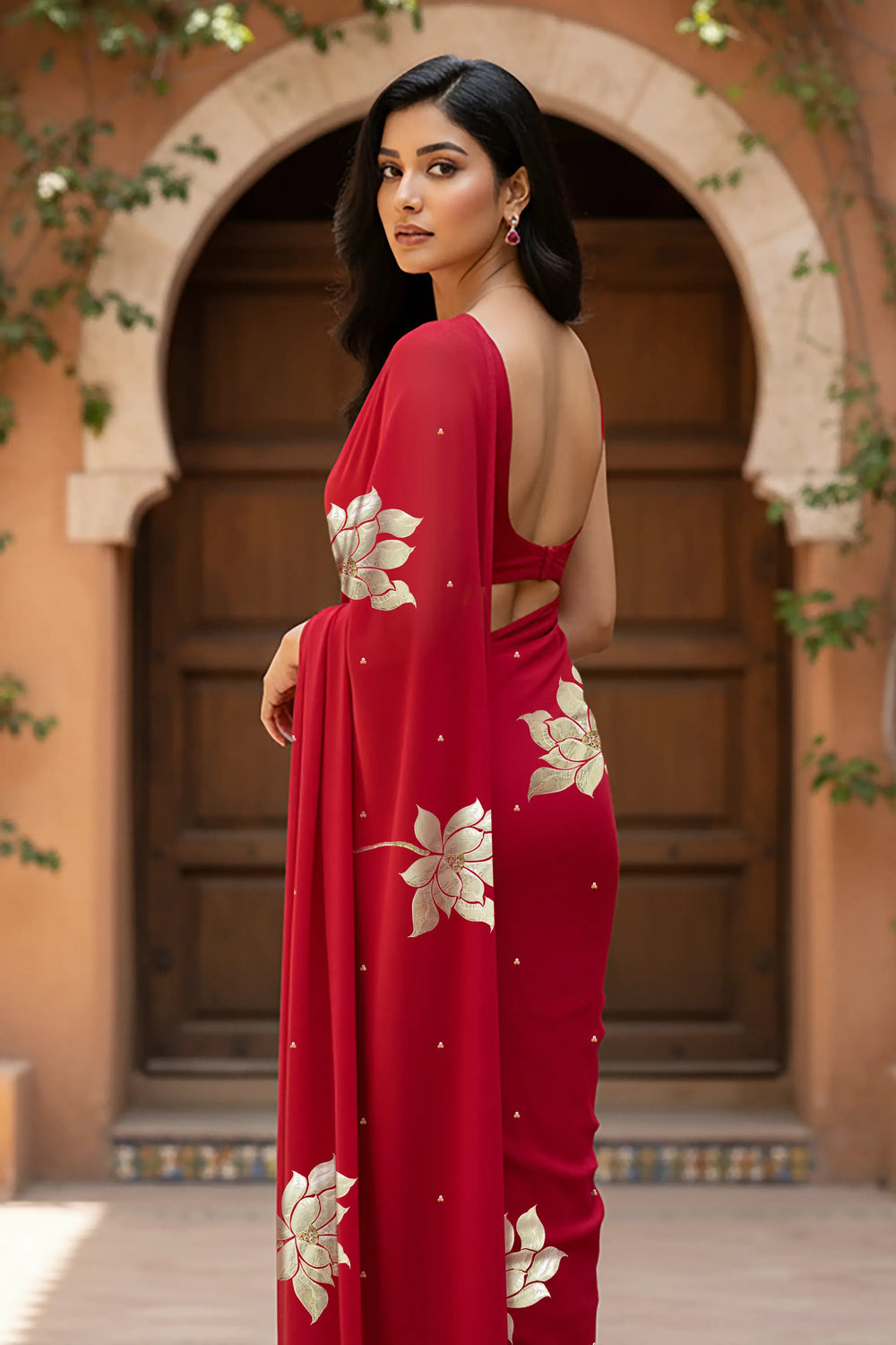 An Indian woman standing in a garden courtyard wearing red chiffon saree embellished with large gota lotus flower motifs by Umaid Couture.  
