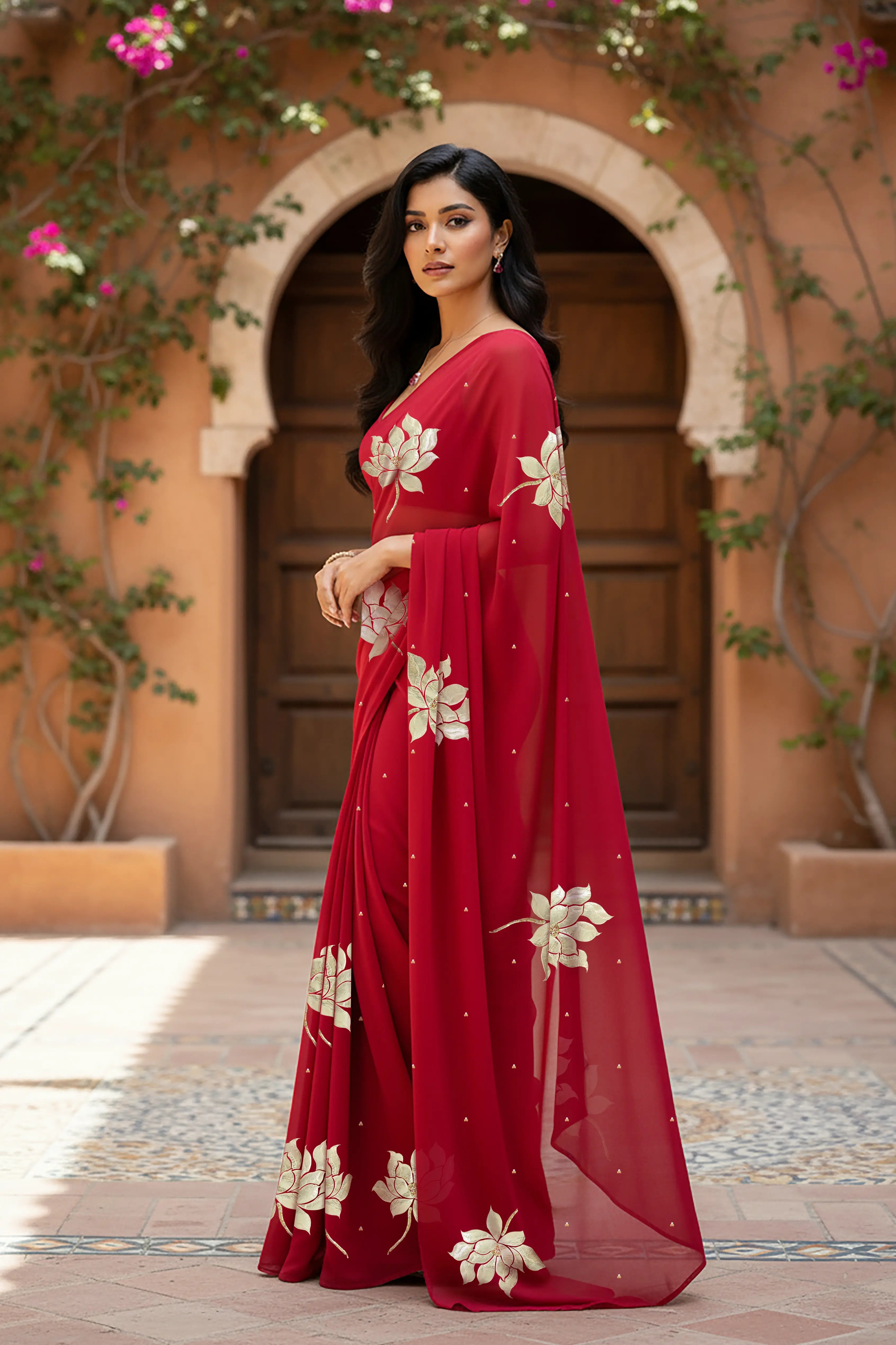 An Indian woman standing in a garden courtyard wearing red chiffon saree embellished with large gota lotus flower motifs by Umaid Couture.  
