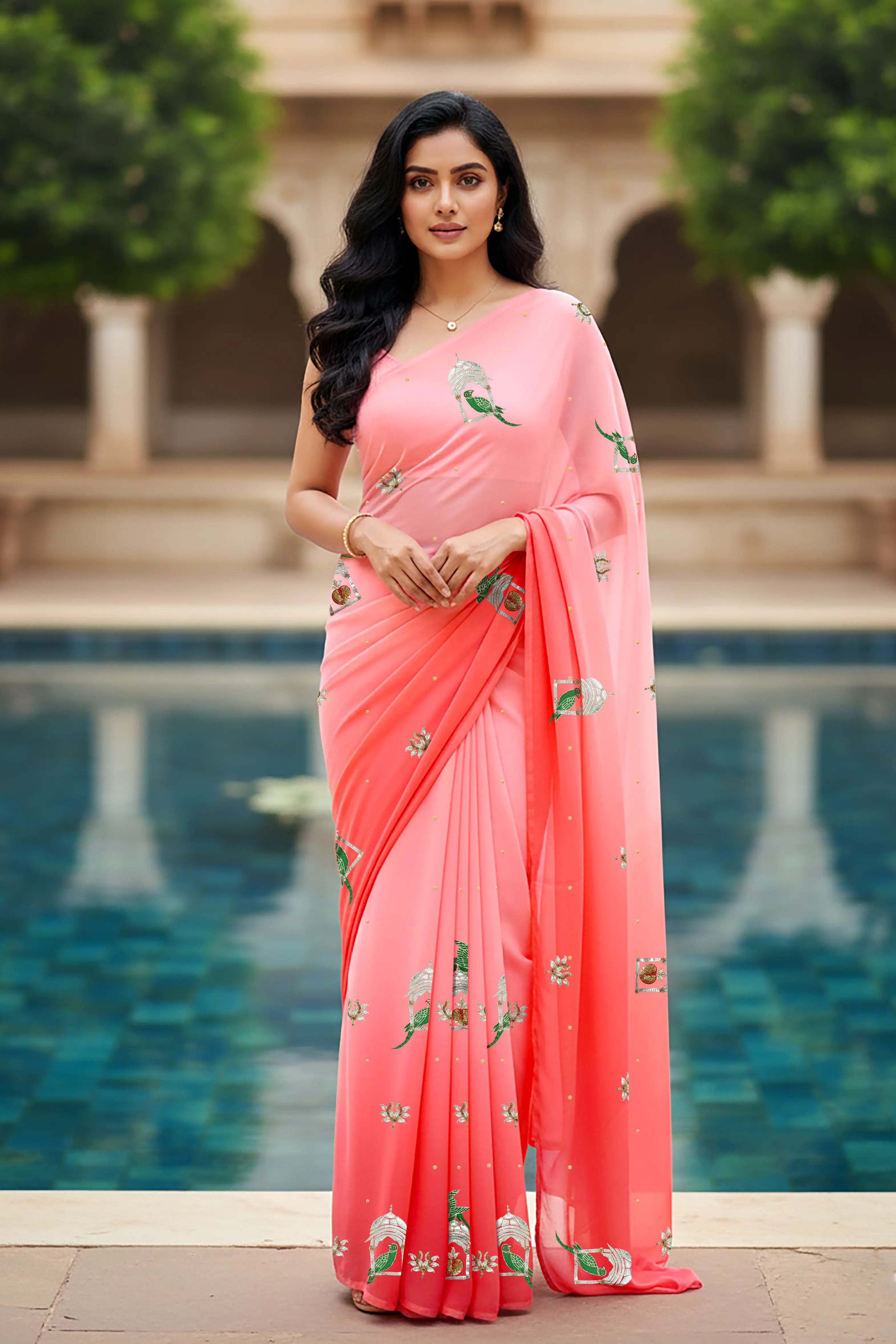 An Indian woman standing in a garden courtyard wearing a gradient of pink chiffon saree embellished with green and sliver sequin of l parrot siting in heritage style window motifs by Umaid Couture.  
