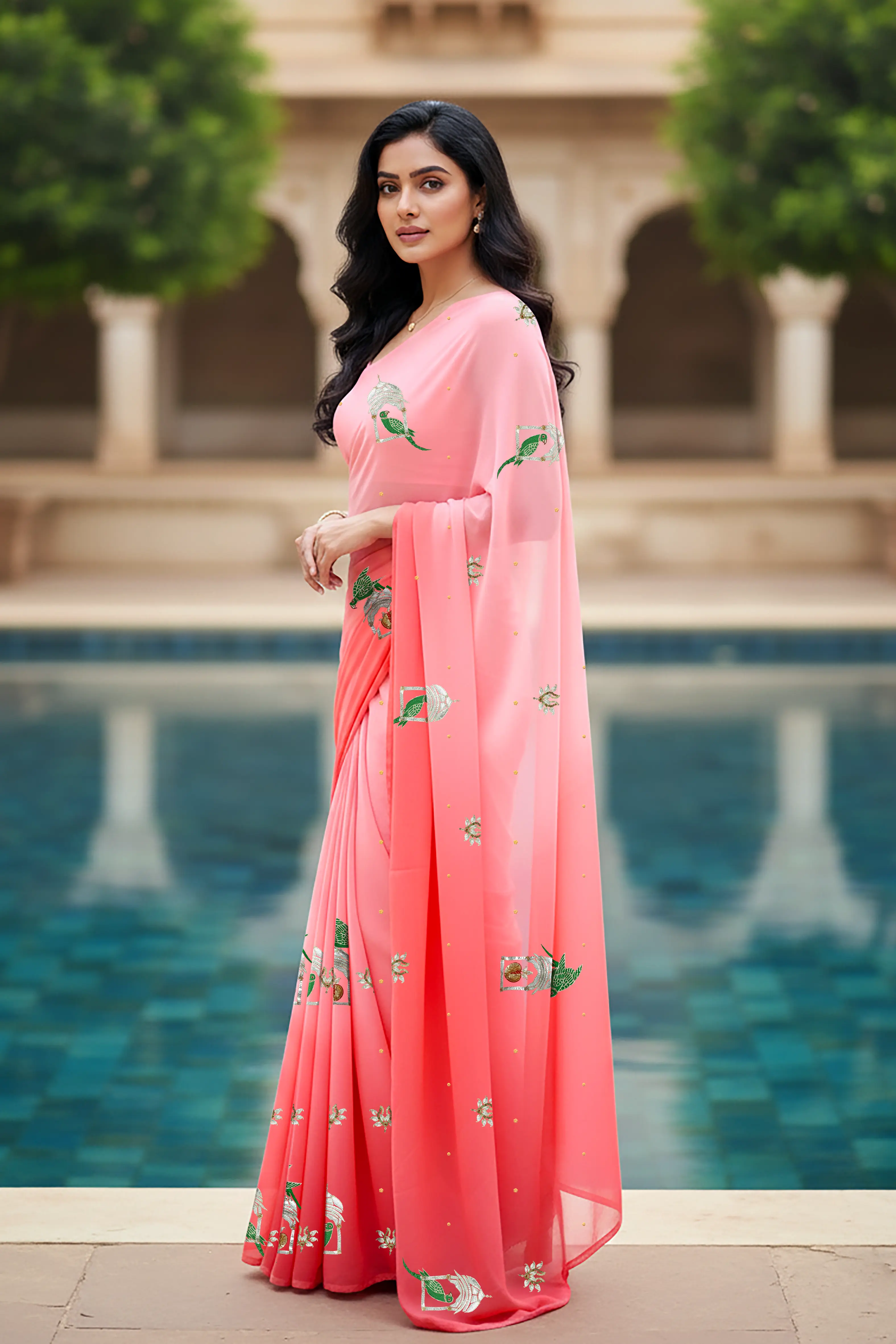 An Indian woman standing in a garden courtyard wearing a gradient of pink chiffon saree embellished with green and sliver sequin of l parrot siting in heritage style window motifs by Umaid Couture.  
