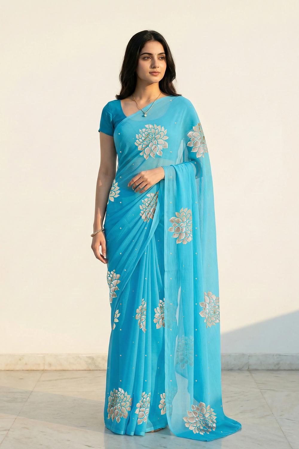 An Indian woman in Middle Blue Dahlia Saree embellished with Blooming Dahlia flowers made of Gota, Zari & sequins by craft of Aari-Zardosi, a product of Umaid Couture