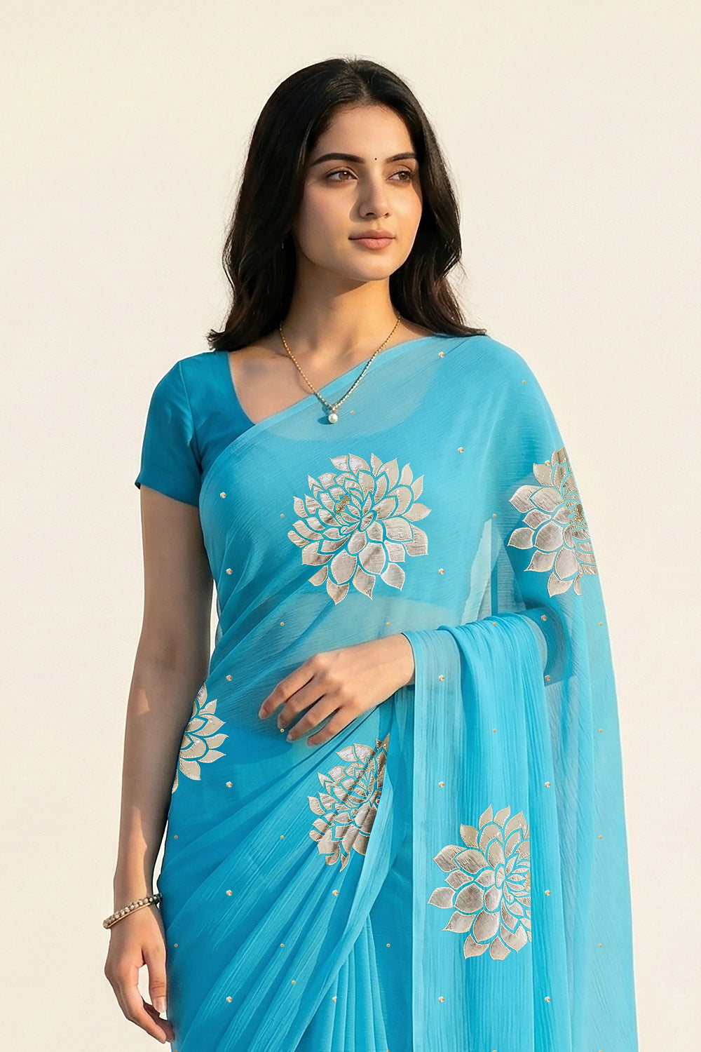 An Indian woman in Middle Blue Dahlia Saree embellished with Blooming Dahlia flowers made of Gota, Zari & sequins by craft of Aari-Zardosi, a product of Umaid Couture