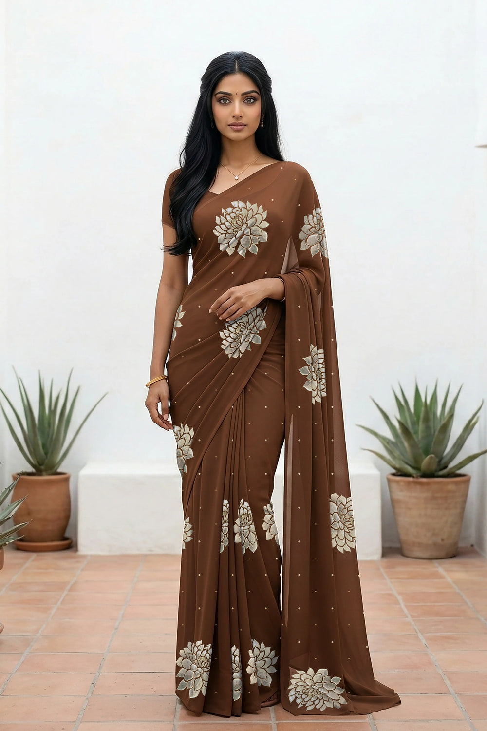 An Indian woman standing in a minimal white courtyard wearing a chocolate brown chiffon saree embellished with golden and sliver sequin of Dahlia flower motifs by Umaid Couture.  
