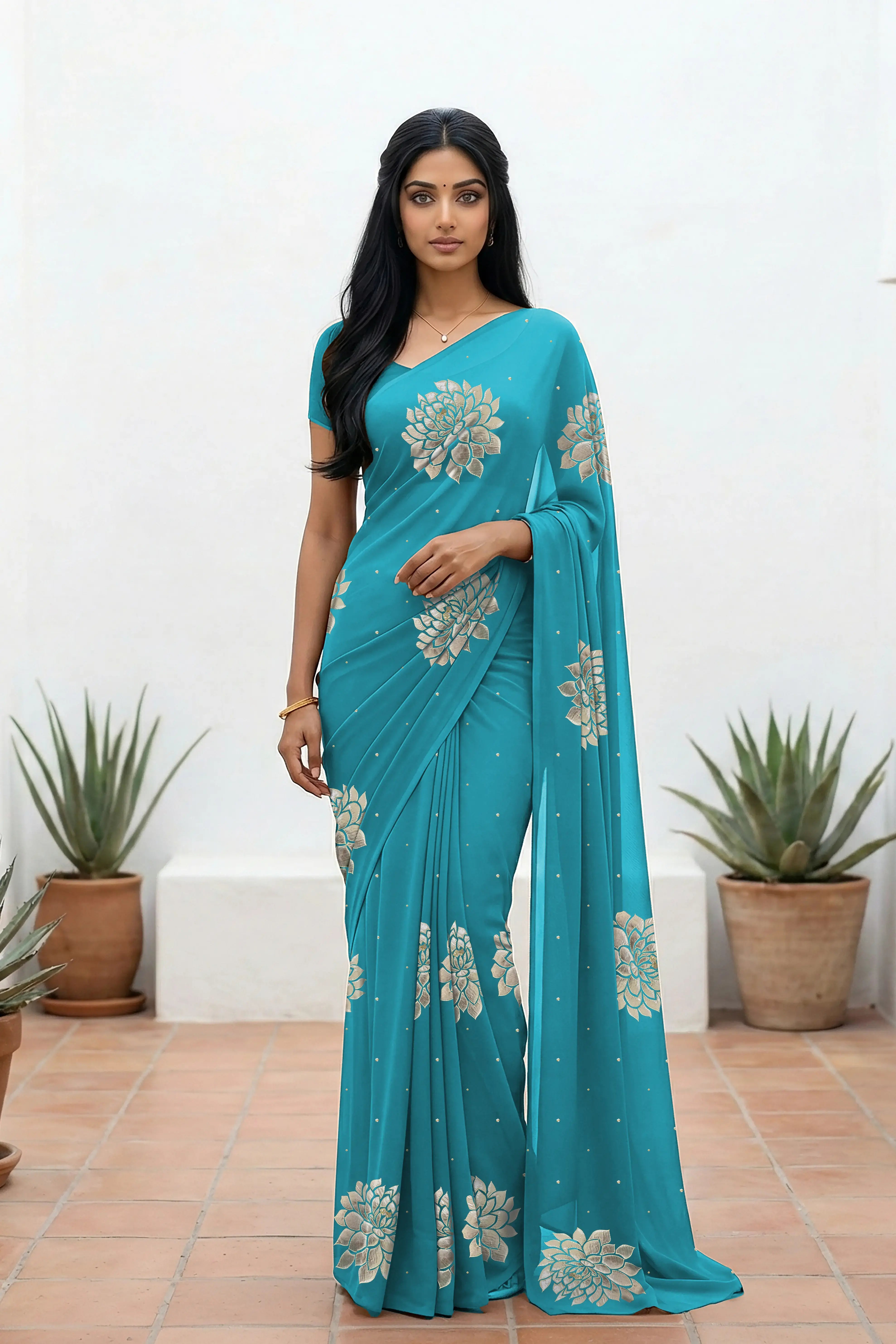 An Indian woman standing in a minimal white courtyard wearing a middle blue chiffon saree embellished with golden and sliver sequin of Dahlia flower motifs by Umaid Couture.  
