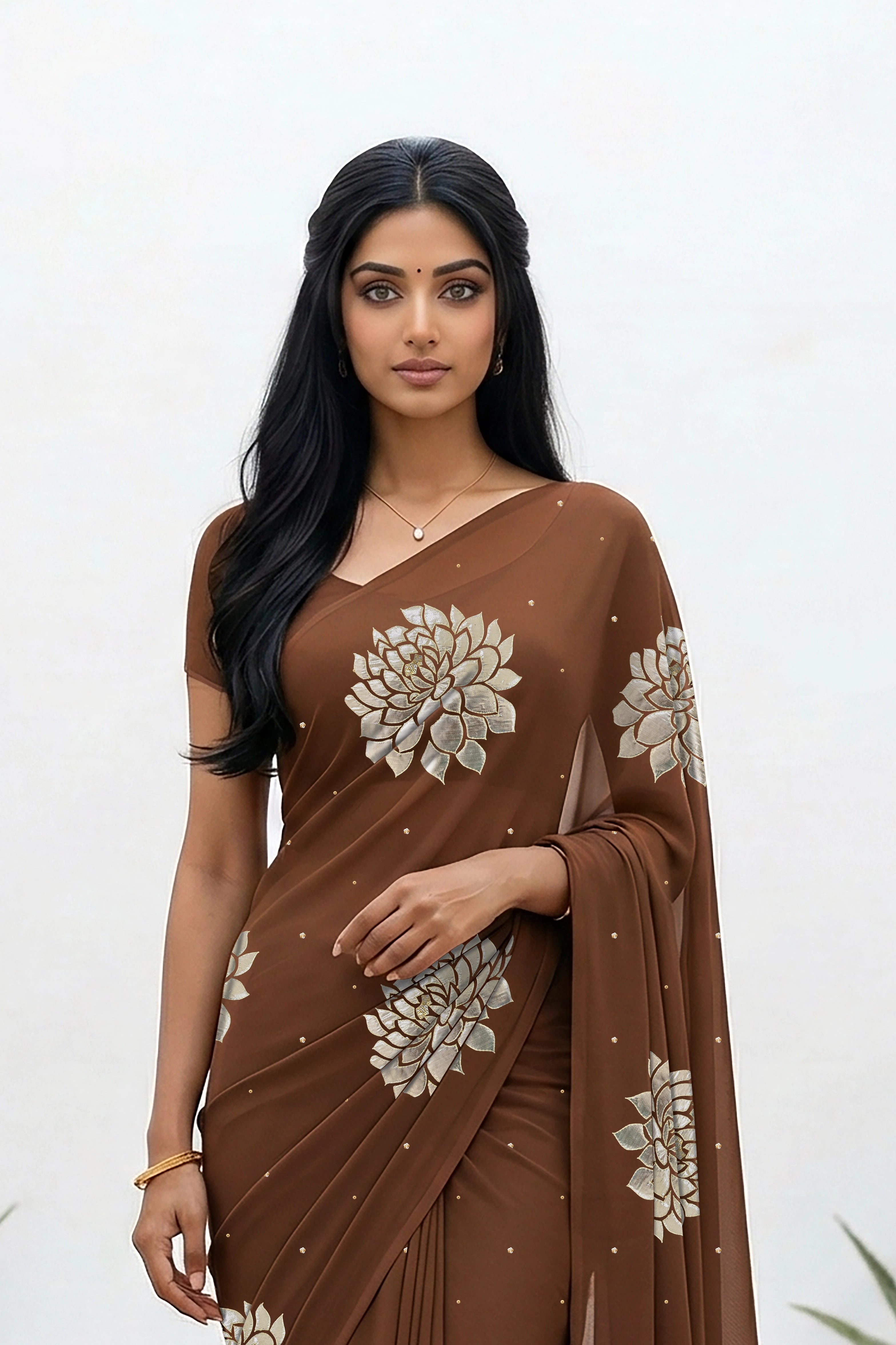 An Indian woman standing in a minimal white courtyard wearing a chocolate brown chiffon saree embellished with golden and sliver sequin of Dahlia flower motifs by Umaid Couture.  

