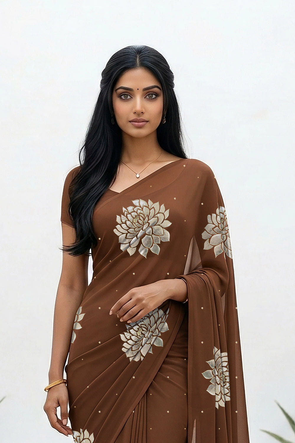 An Indian woman standing in a minimal white courtyard wearing a chocolate brown chiffon saree embellished with golden and sliver sequin of Dahlia flower motifs by Umaid Couture.  
