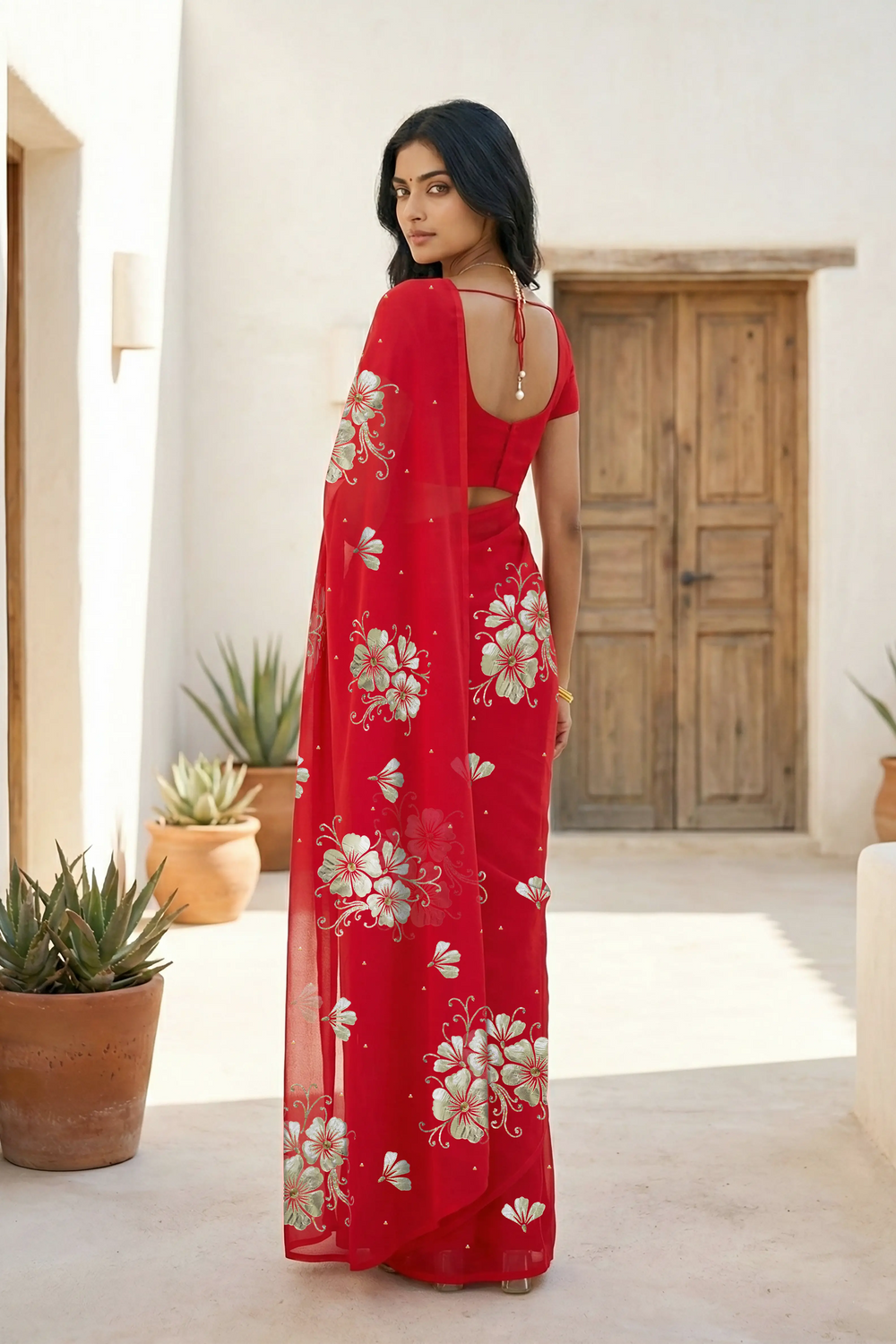 Model wearing a red Kusum Mulberry Silk  Chiffon saree embellished with Gota-Sequins Motifs by Umaid Couture