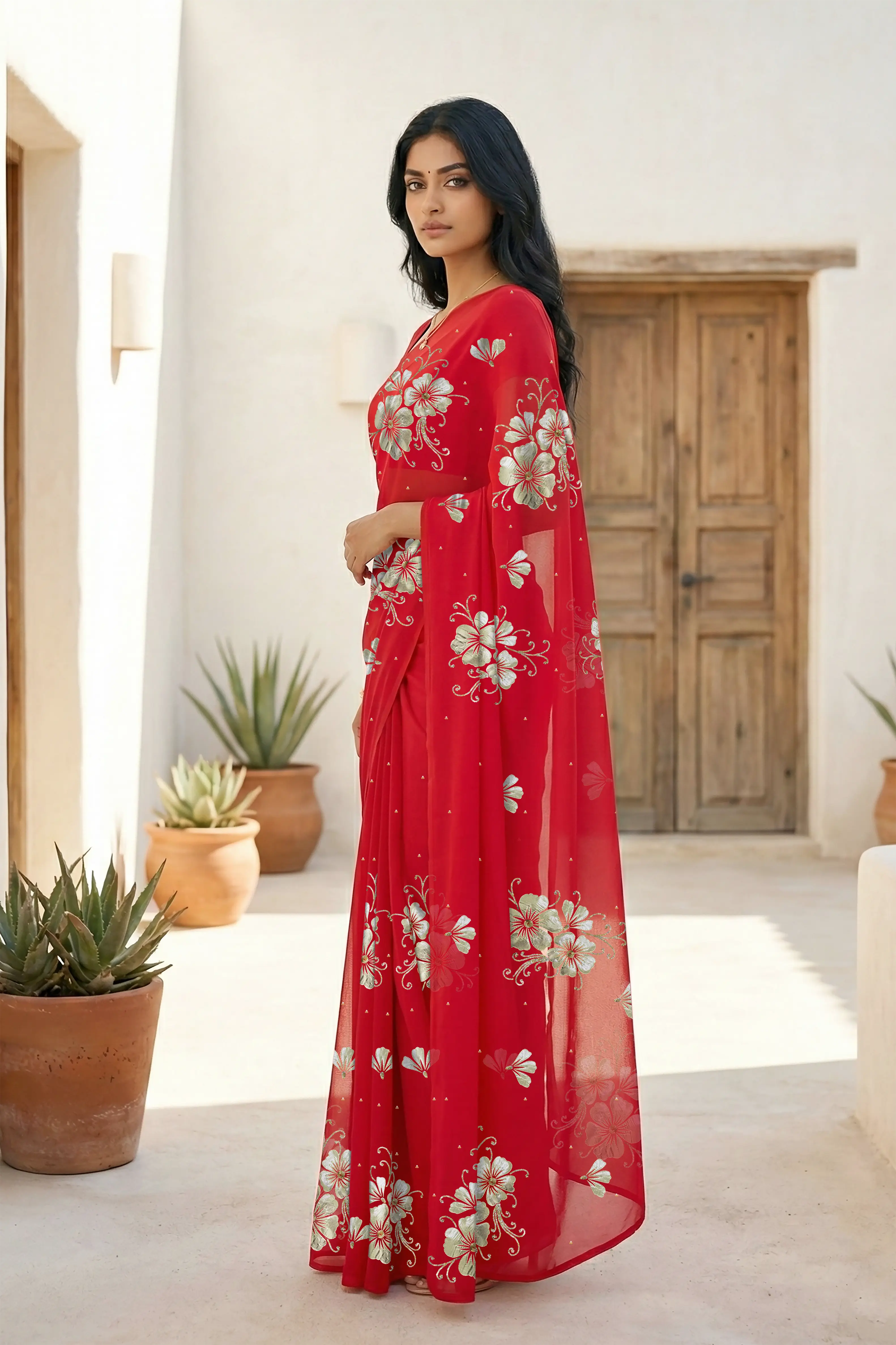 Model wearing a red Kusum Mulberry Silk  Chiffon saree embellished with Gota-Sequins Motifs by Umaid Couture