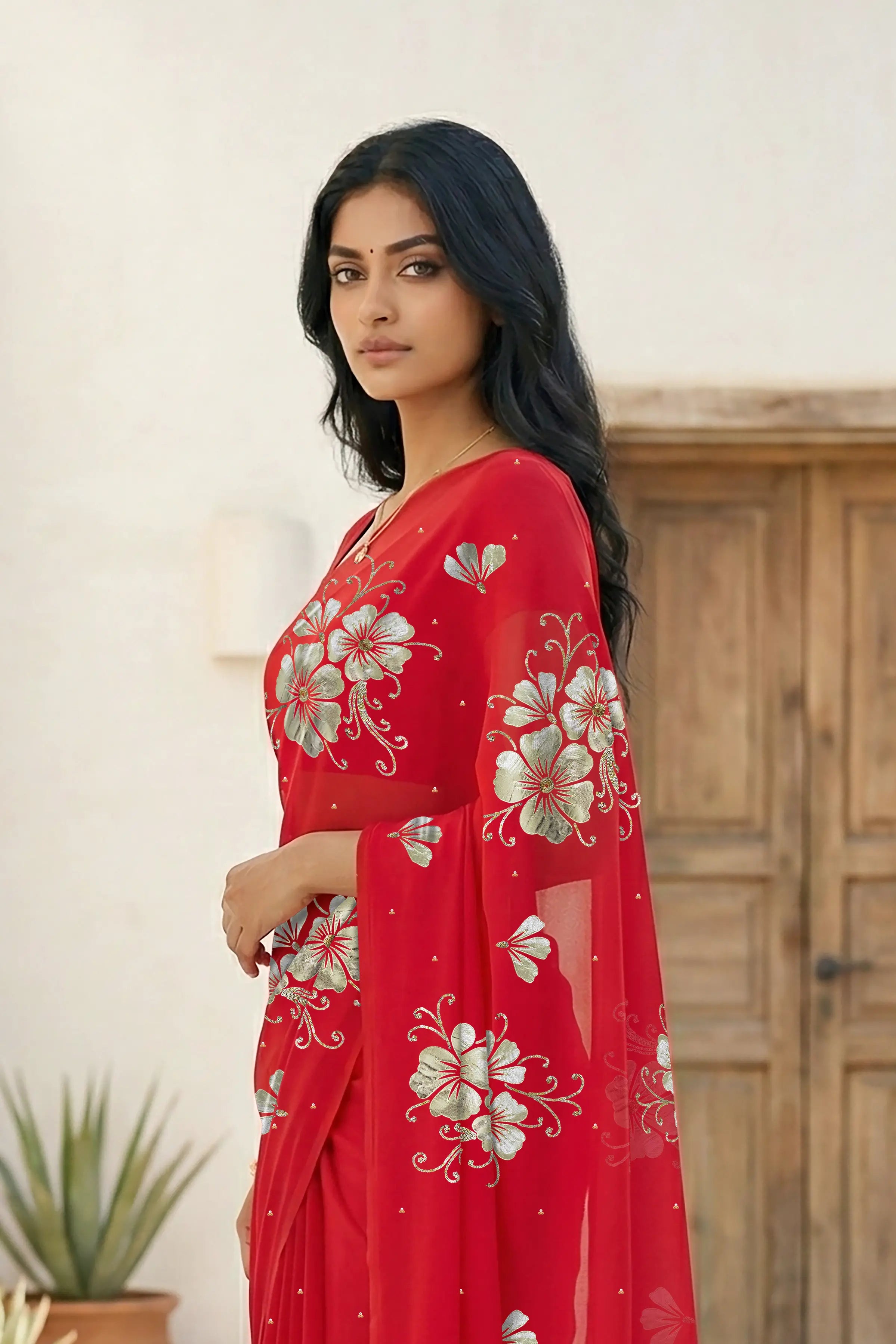 Model wearing a red Kusum Mulberry Silk  Chiffon saree embellished with Gota-Sequins Motifs by Umaid Couture