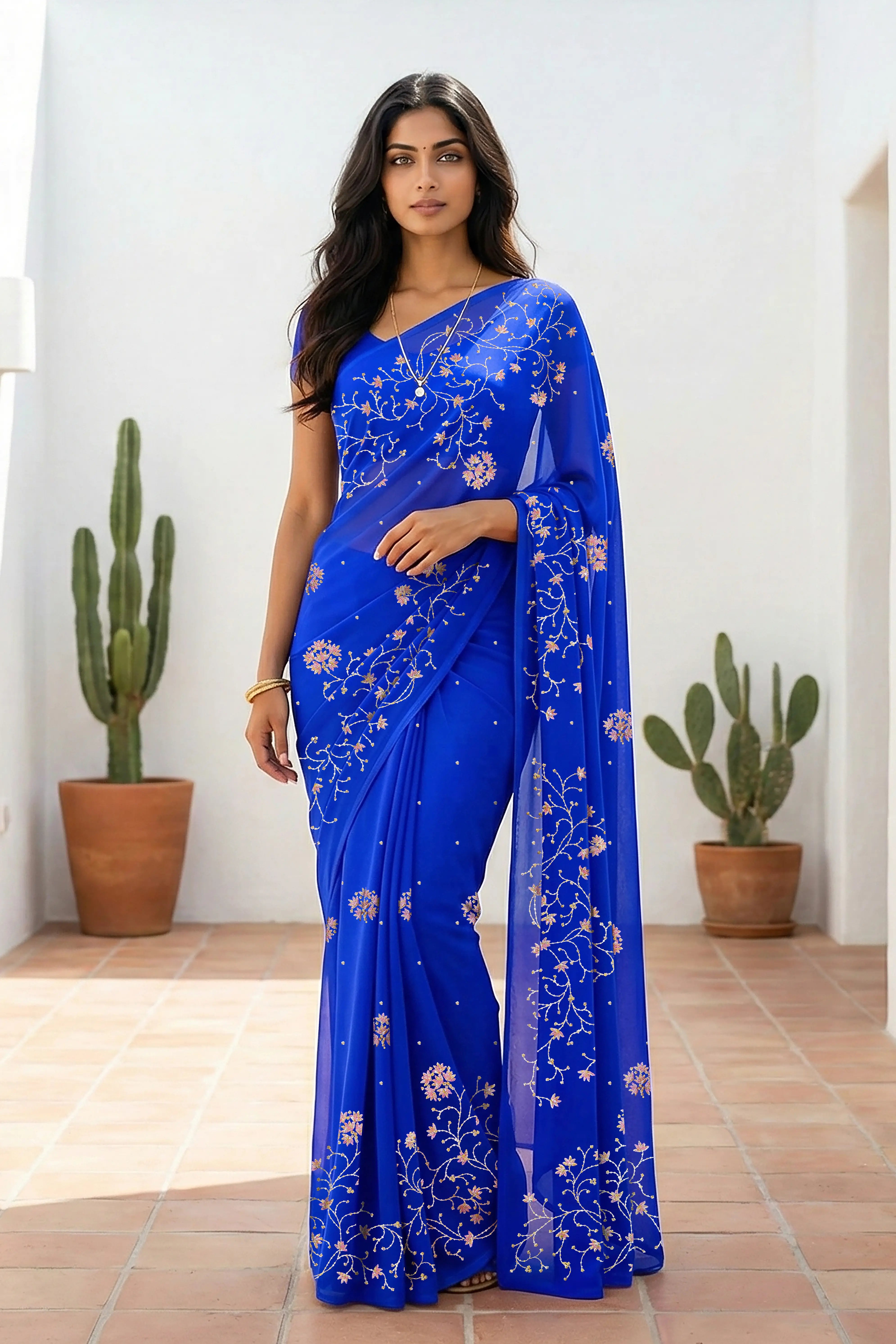 An Indian woman standing in a minimal white courtyard wearing a royal blue chiffon saree embellished with vgolden sliver and pink sequin vines of Stylized Jasmine by Umaid Couture.  
