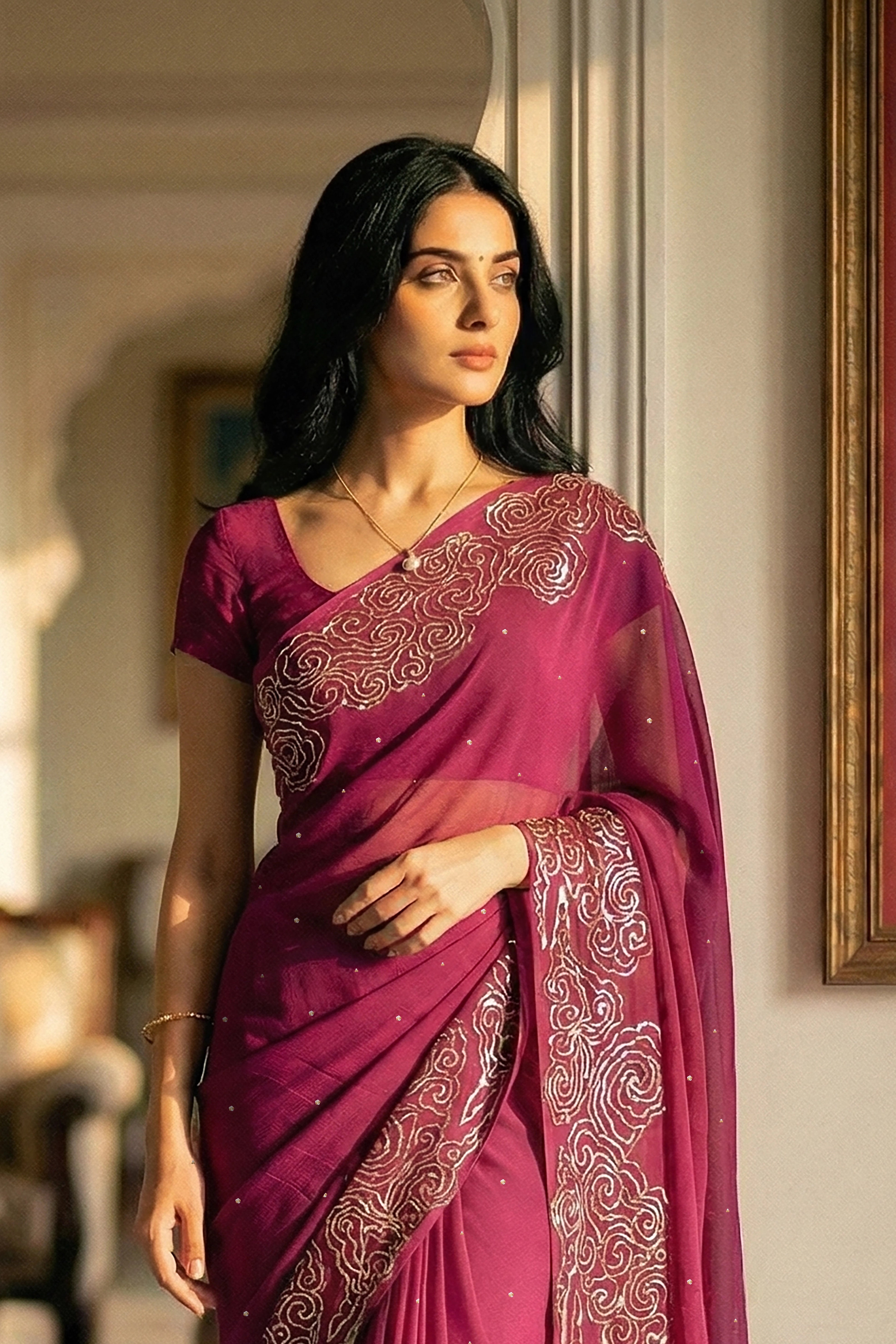 Woman in mulberry red saree with artistic cloud vines border on saree made by umaid couture.