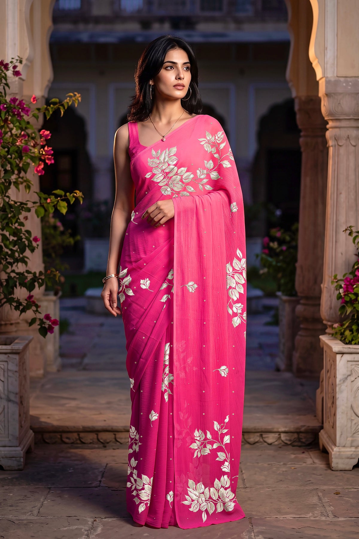 Indian Model wearing Umaid Couture Fuchsia Rani Bougain Saree standing in a courtyard 