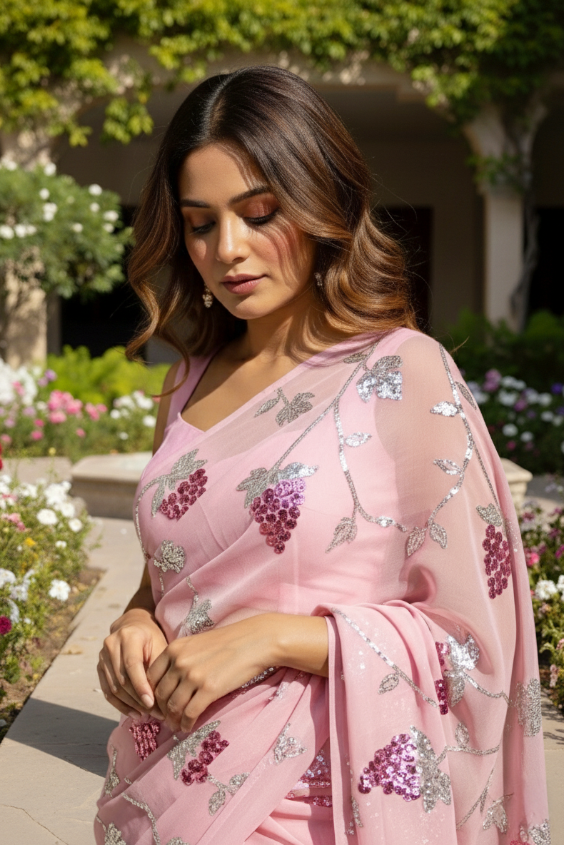 An Indian Model wearing a pink Grape vine saree by Umaid Couture, standing in a garden courtyard