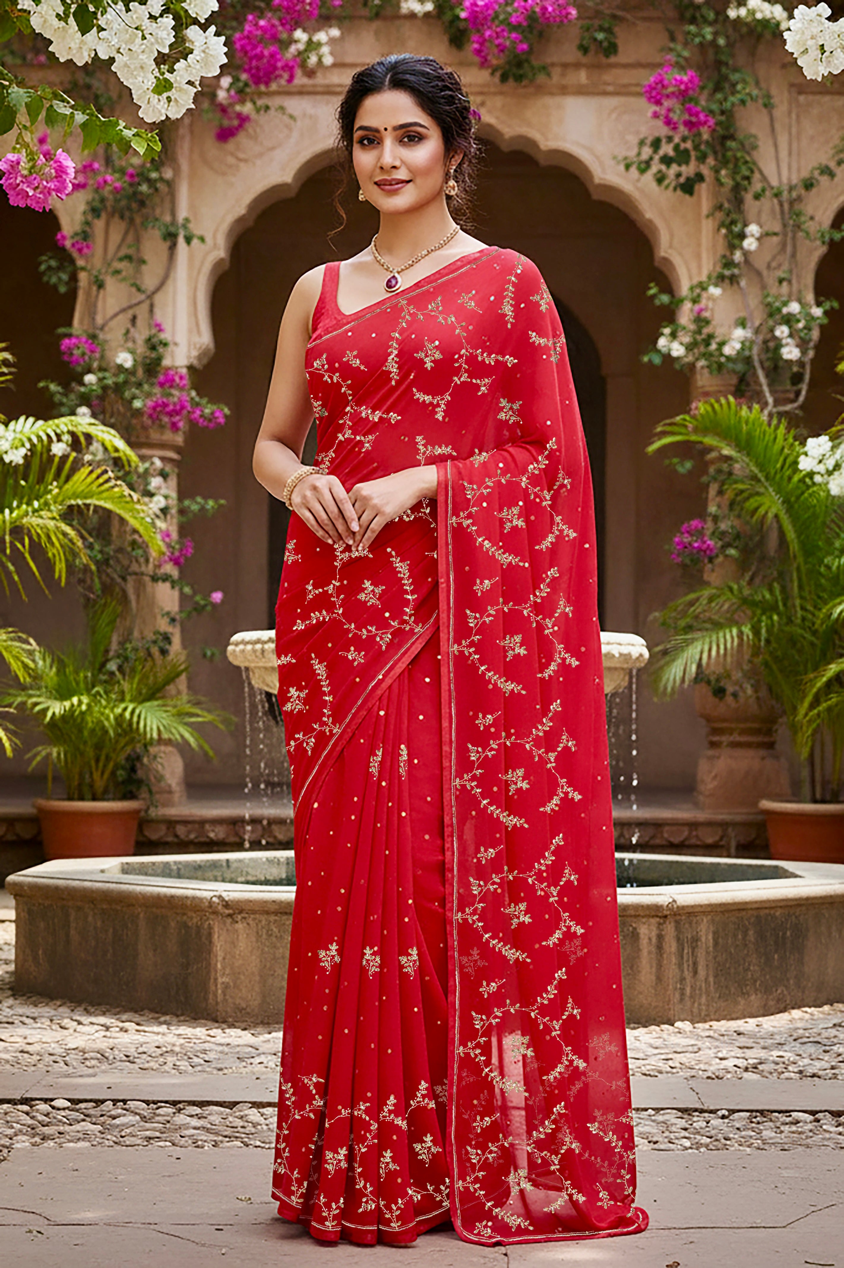 A model wearing a vibrant red gulmohar glow saree by umaid couture, standing in a garden courtyard