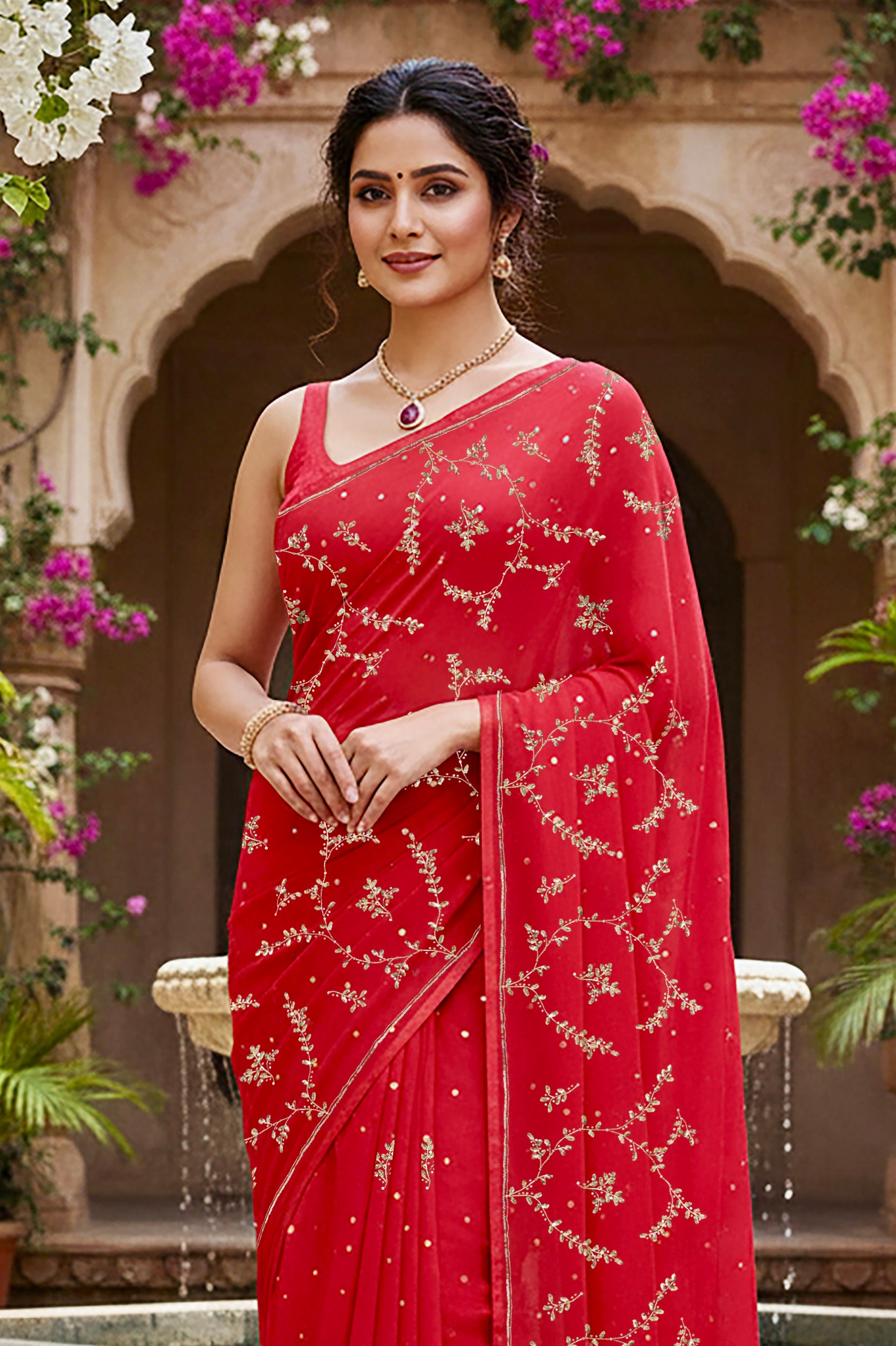 A model wearing a vibrant red gulmohar glow saree by umaid couture, standing in a garden courtyard