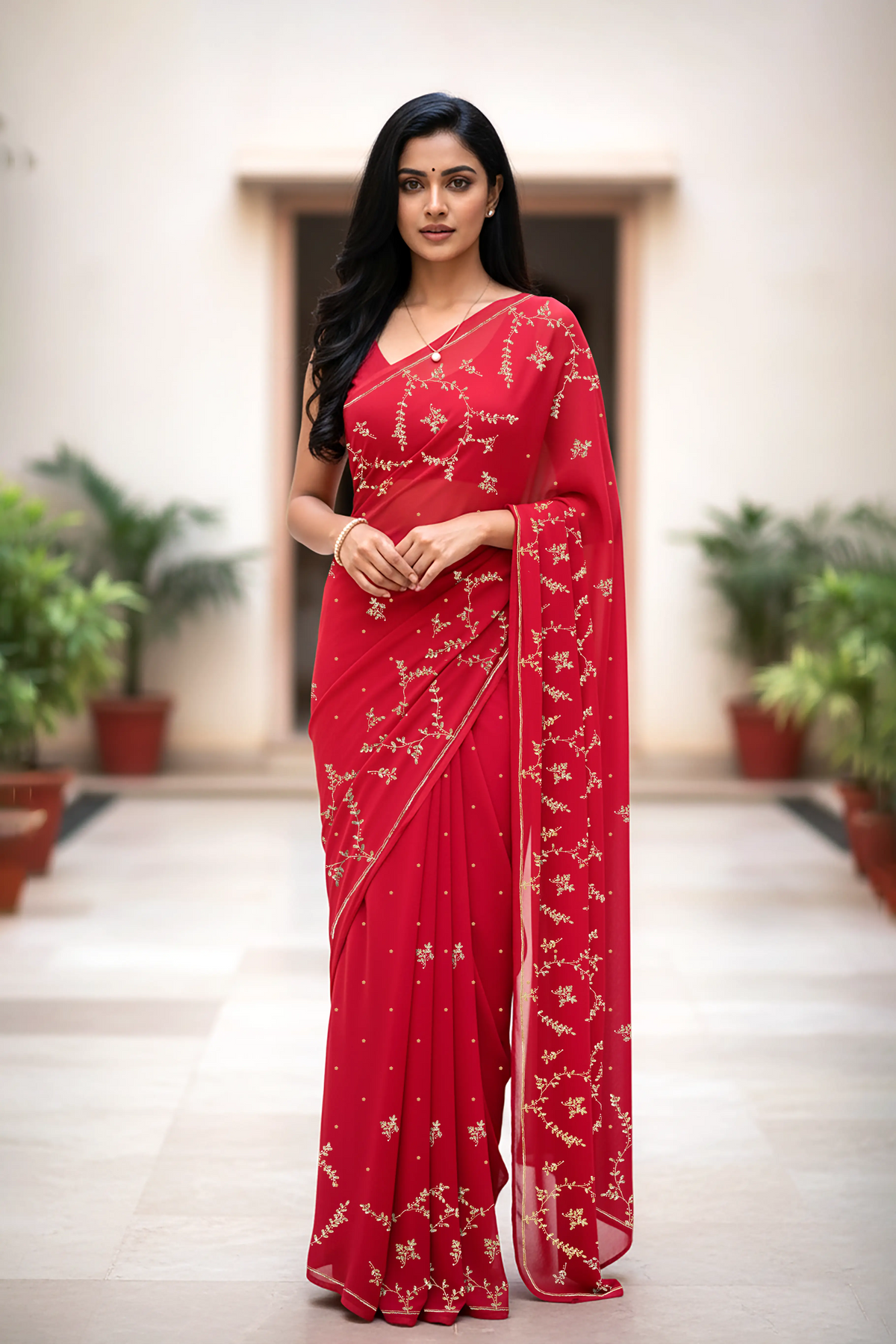 An Indian woman standing in a minimal courtyard wearing red color chiffon saree embellished with golden flower pattern vines done using the exquisite Aari-Taari craft  by Umaid Couture.  
