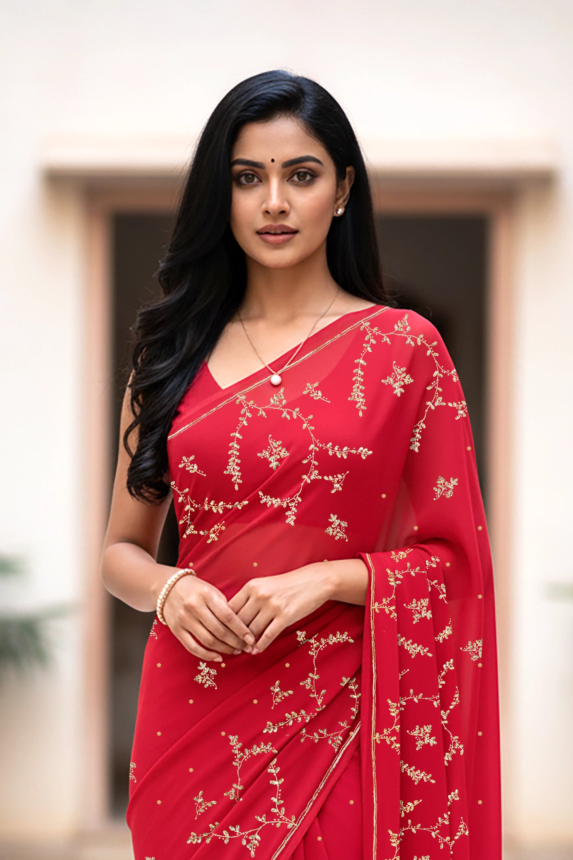 An Indian woman standing in a minimal courtyard wearing red color chiffon saree embellished with golden flower pattern vines done using the exquisite Aari-Taari craft  by Umaid Couture.  
