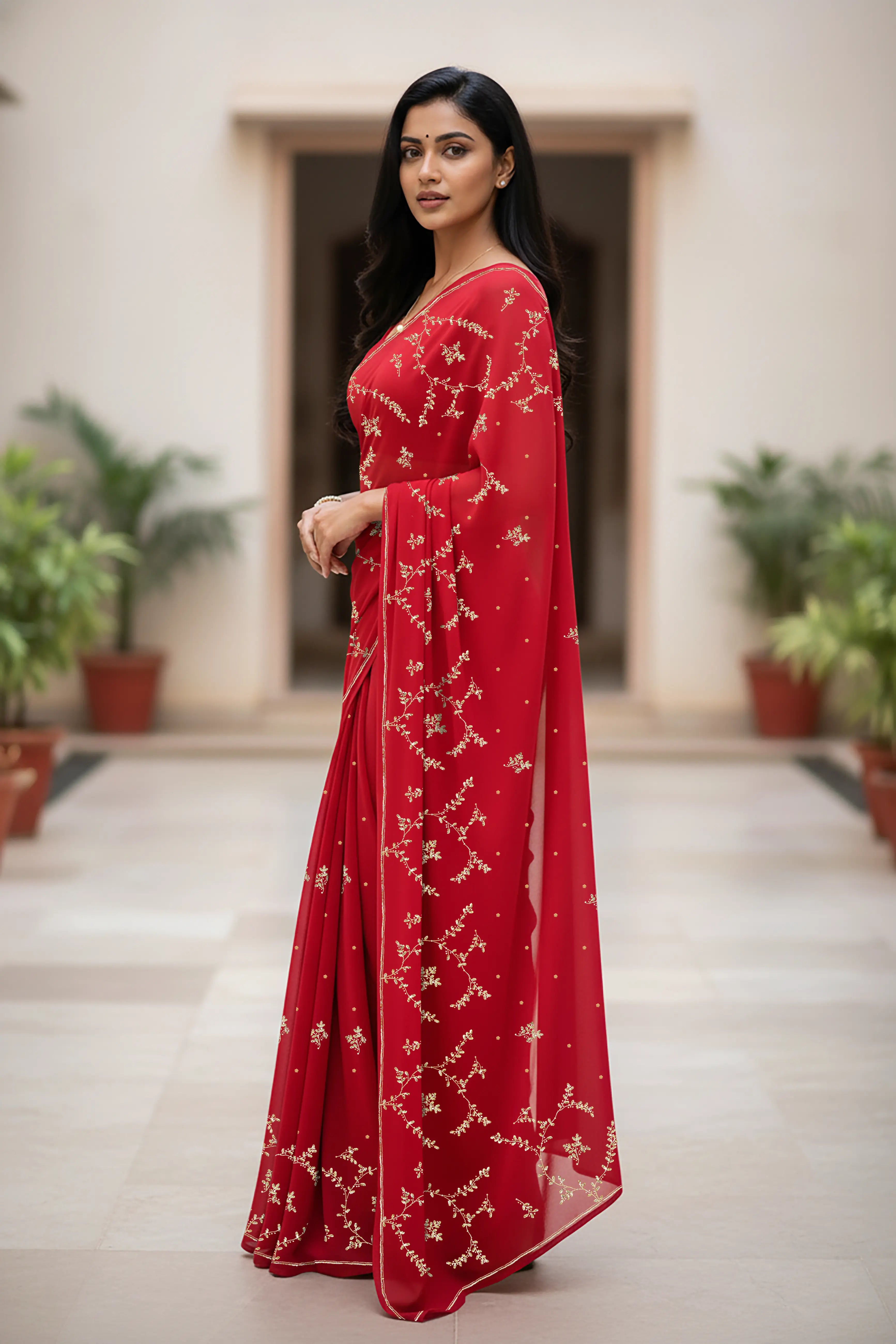An Indian woman standing in a minimal courtyard wearing red color chiffon saree embellished with golden flower pattern vines done using the exquisite Aari-Taari craft  by Umaid Couture.  

