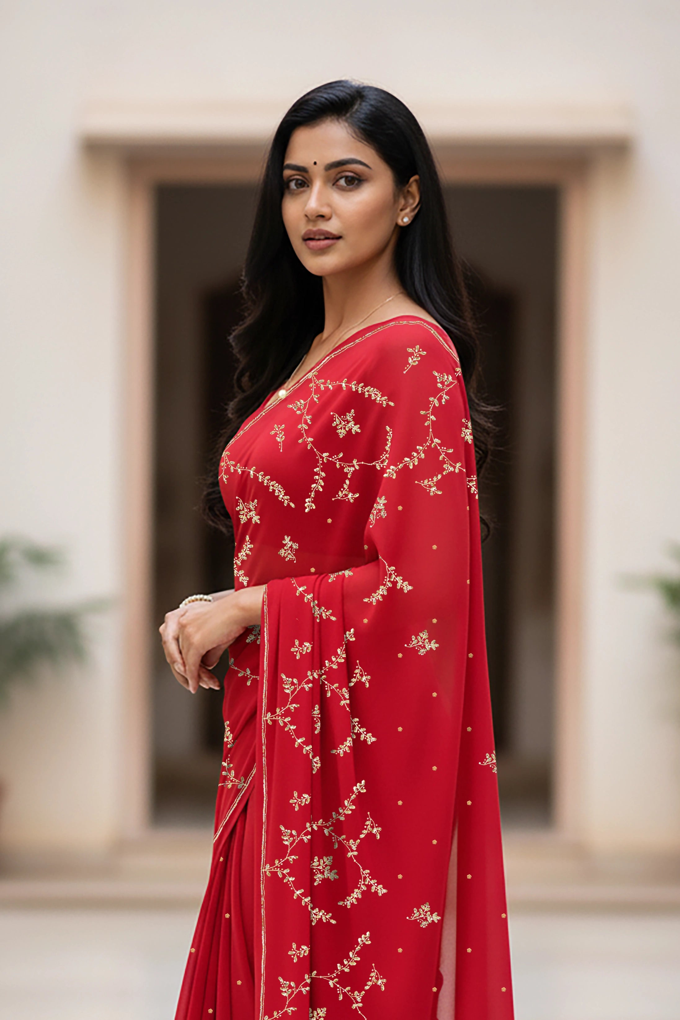 An Indian woman standing in a minimal courtyard wearing red color chiffon saree embellished with golden flower pattern vines done using the exquisite Aari-Taari craft  by Umaid Couture.  
