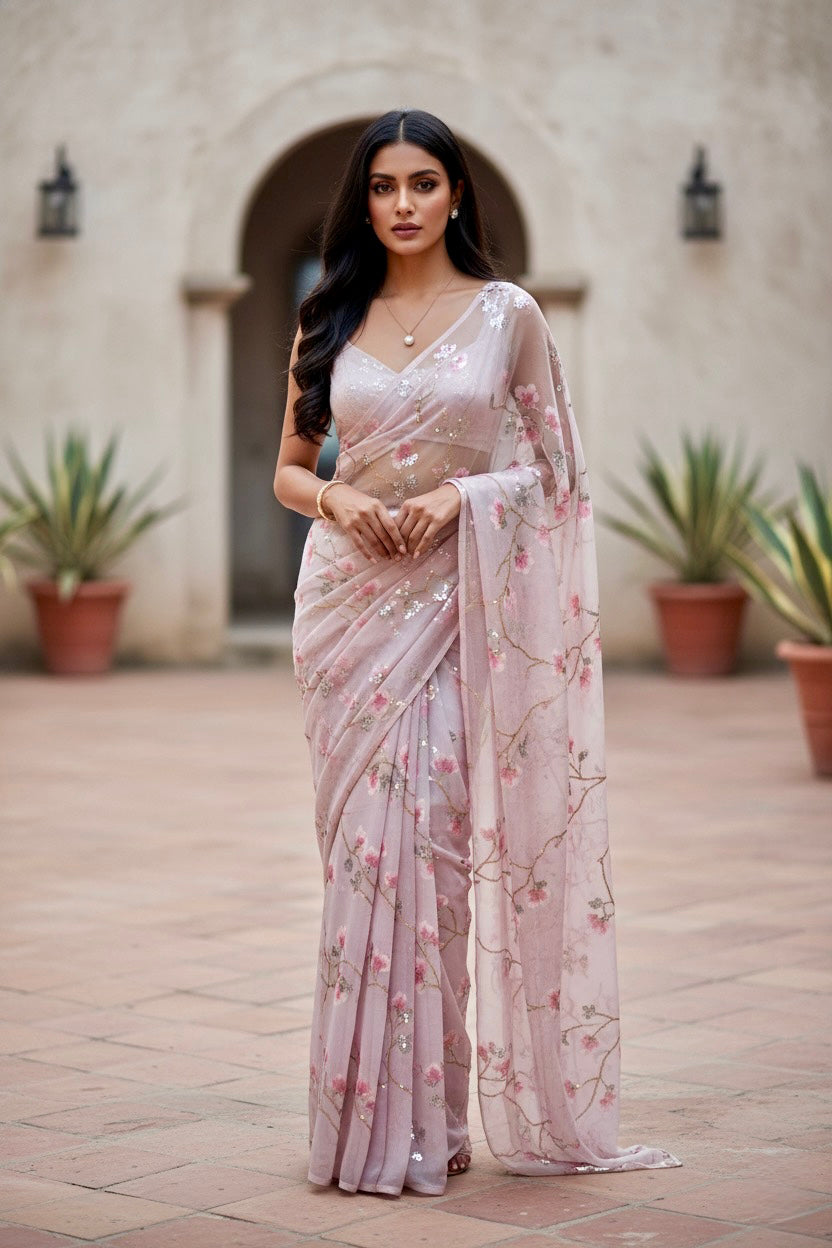 Woman in a light pink saree with floral  sequins patterns standing in an outdoor setting. The saree is by Umaid Couture