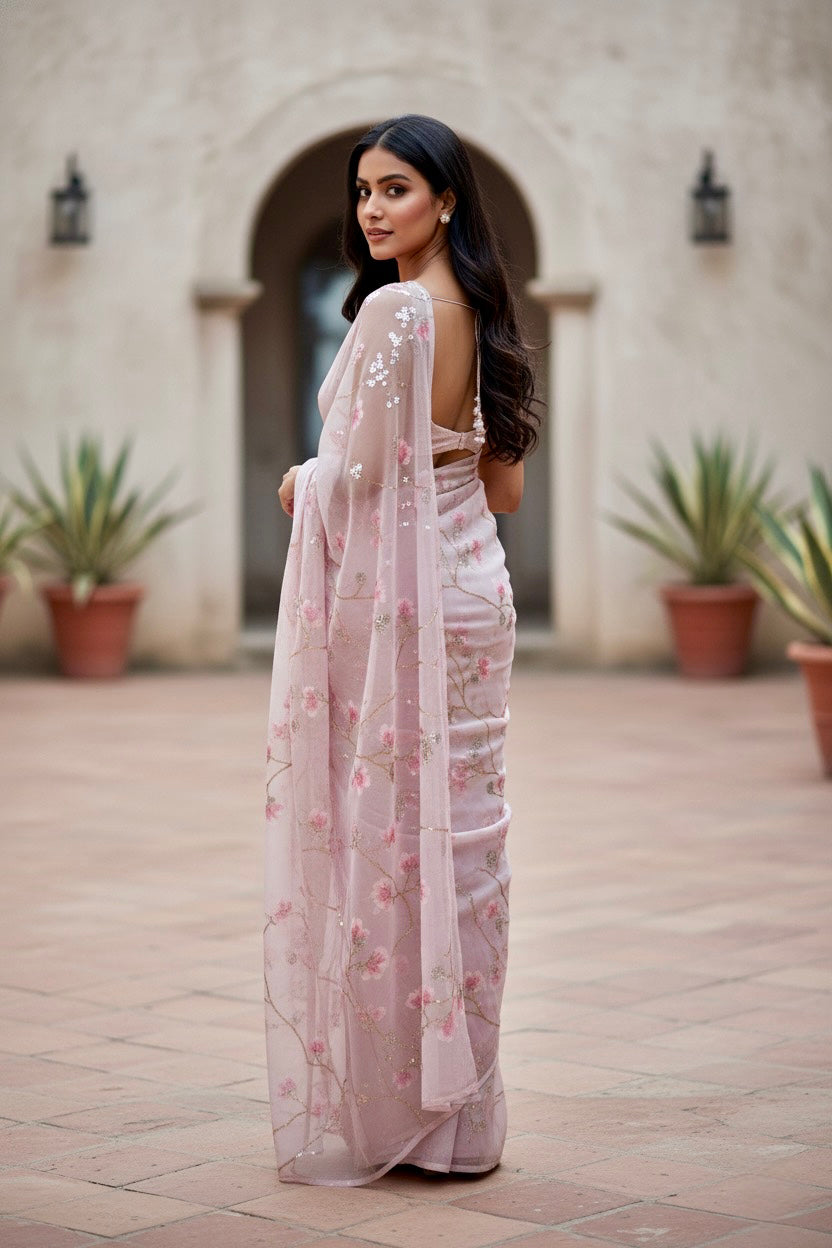 Woman in a light pink saree by Umaid Couture  with floral patterns standing in an outdoor setting.