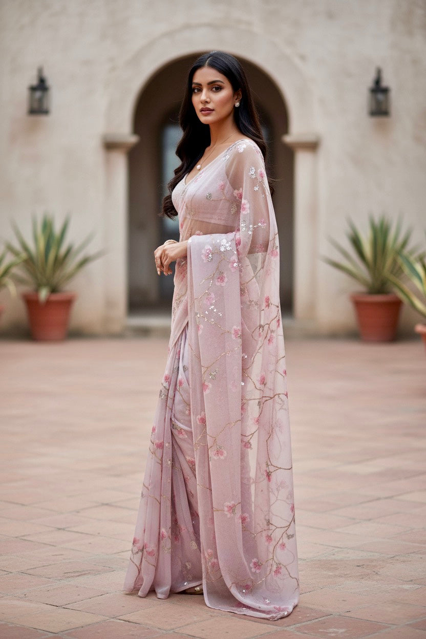 Woman in a light pink saree by Umaid Couture  with floral patterns standing in an outdoor setting.
