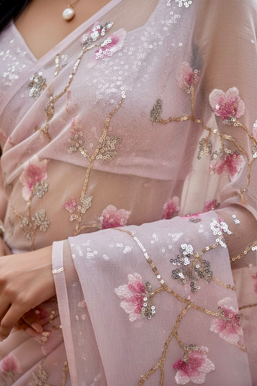 Close-up of a saree with floral embroidery and sequins.