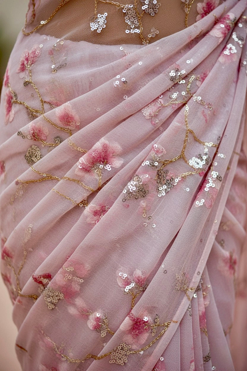 Close-up of a pink saree with floral and sequin details. Product by Umaid Couture.