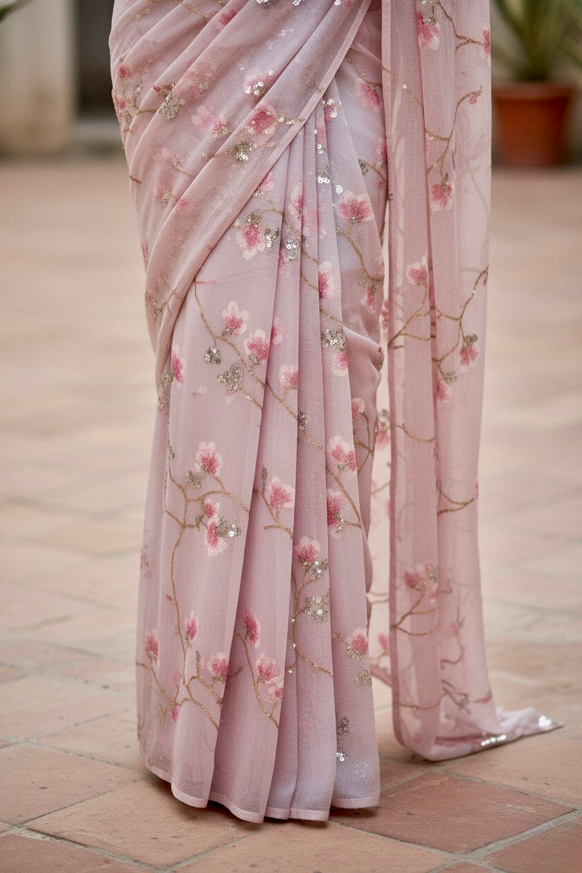 Pink saree with floral patterns on a tiled floor. Product by Umaid Couture.