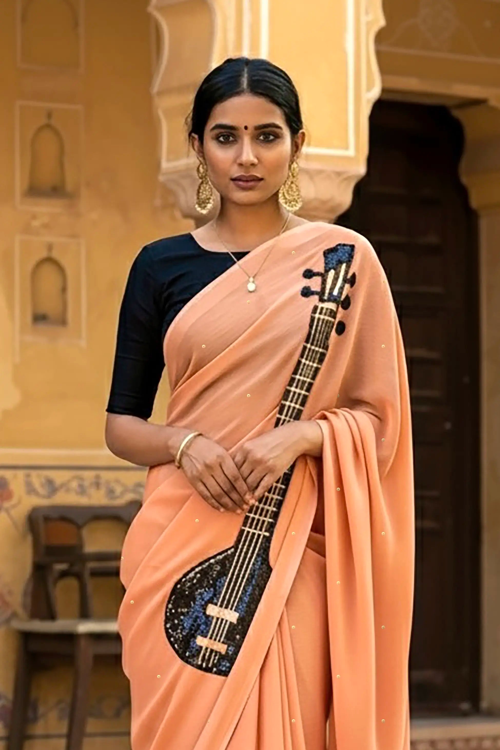 A woman in peach saree embellished with Sitar motif by Umaid Couture