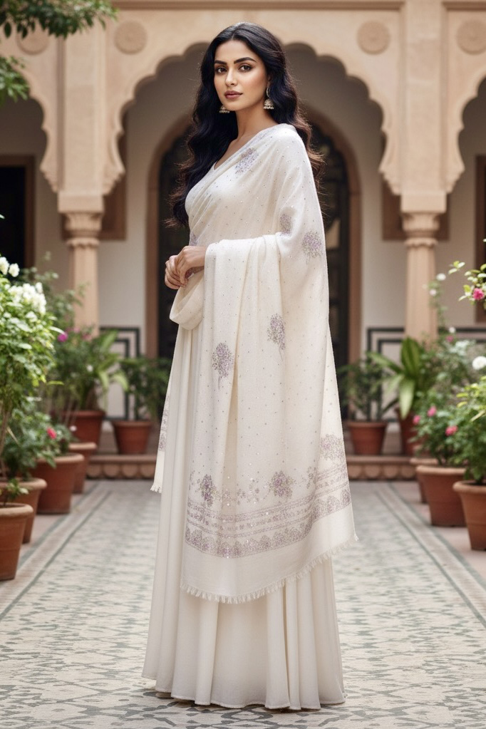 Woman wearing an off white pashmina shawl with sequins embroidery by Umaid Couture, standing in a garden courtyard.
