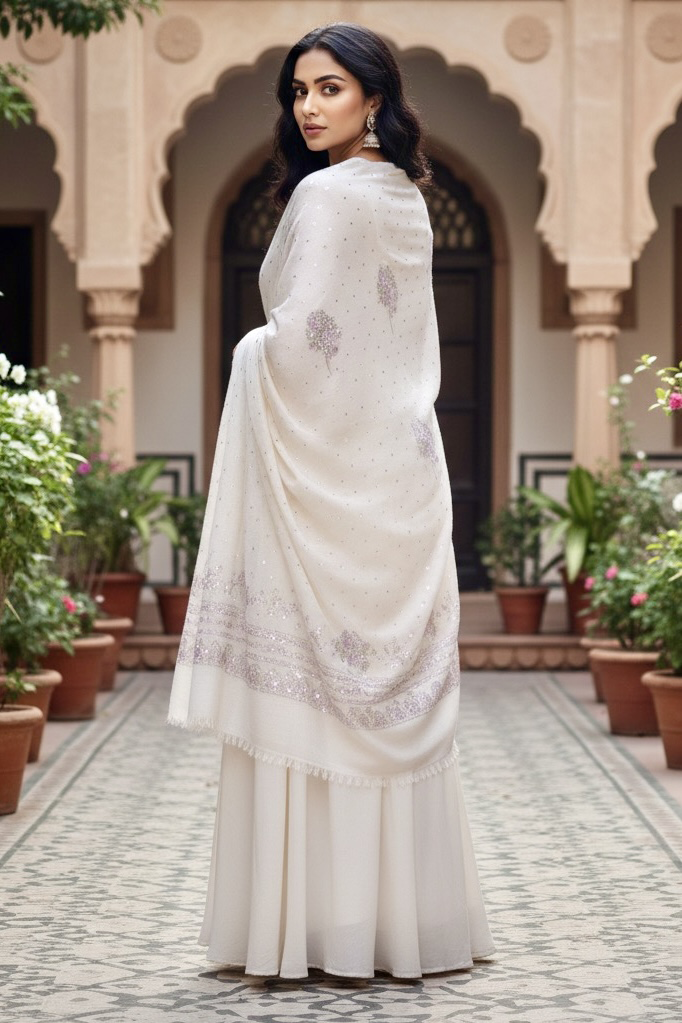 Woman wearing an off white pashmina shawl with sequins embroidery by Umaid Couture, standing in a garden courtyard.