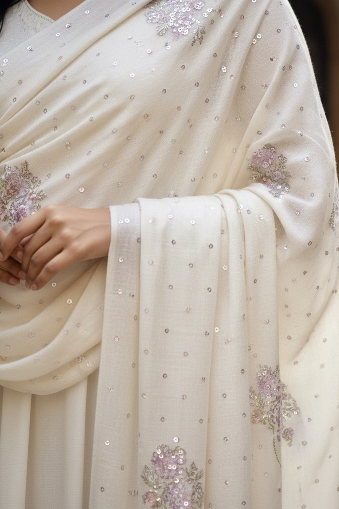 Woman wearing an off white pashmina shawl with sequins embroidery by Umaid Couture, standing in a garden courtyard.