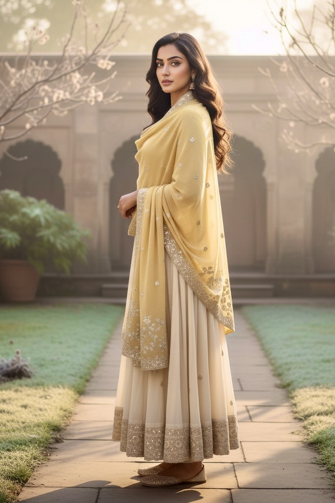 Women standing in a garden courtyard wearing a pastel mustard pashmina shawl embellished with sequins floral embroidery by Umaid Couture