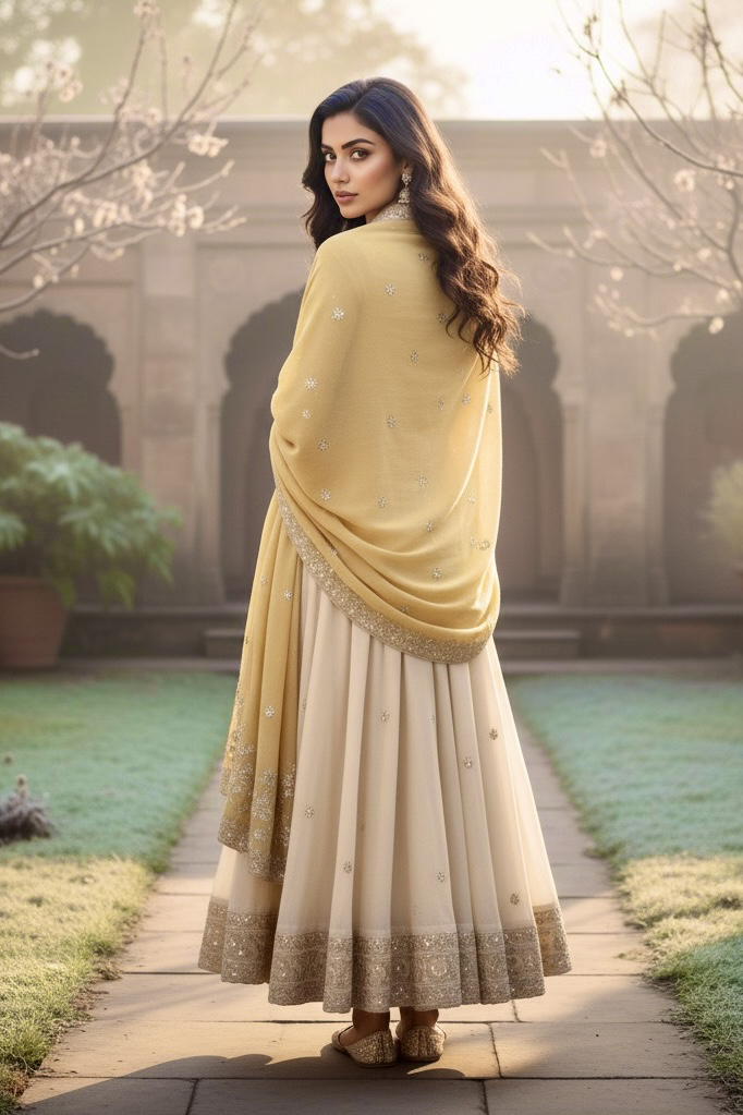 Women standing in a garden courtyard wearing a pastel mustard pashmina shawl embellished with sequins floral embroidery by Umaid Couture