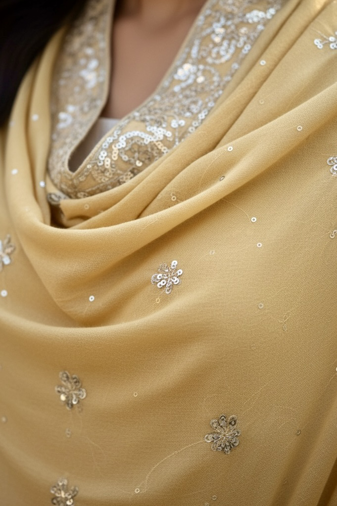 Close up of a pastel mustard pashmina shawl embellished with sequins floral embroidery by Umaid Couture