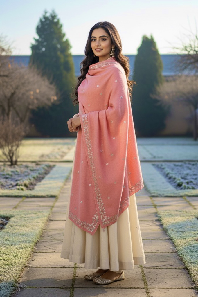 Woman in a pink embroidered stole by Umaid Couture  standing on a stone path in a garden background