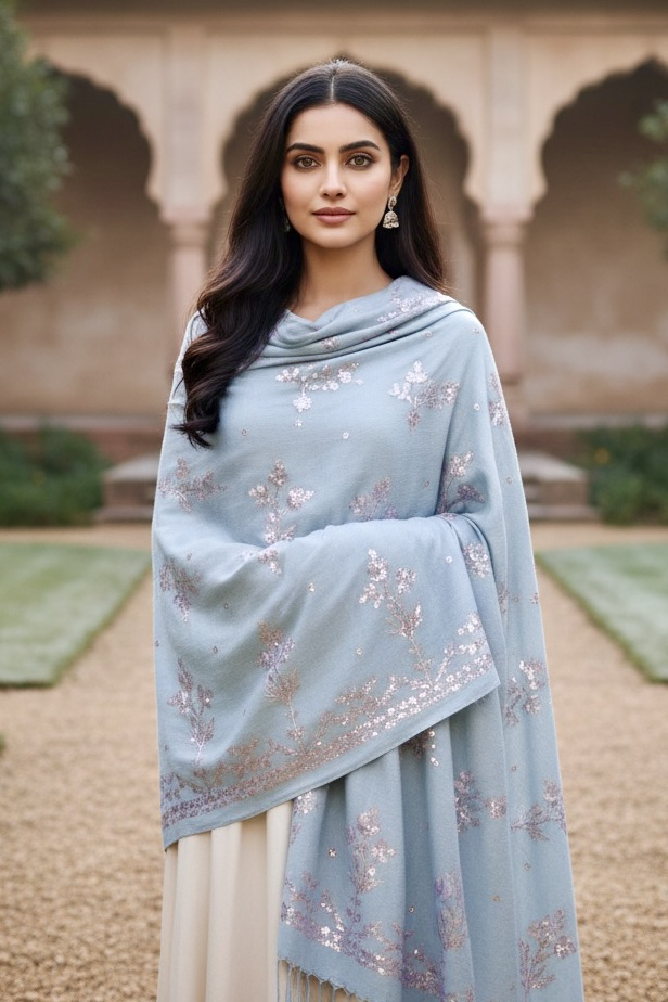 Woman wearing a light blue shawl by Umaid Couture over a white dress in an outdoor setting