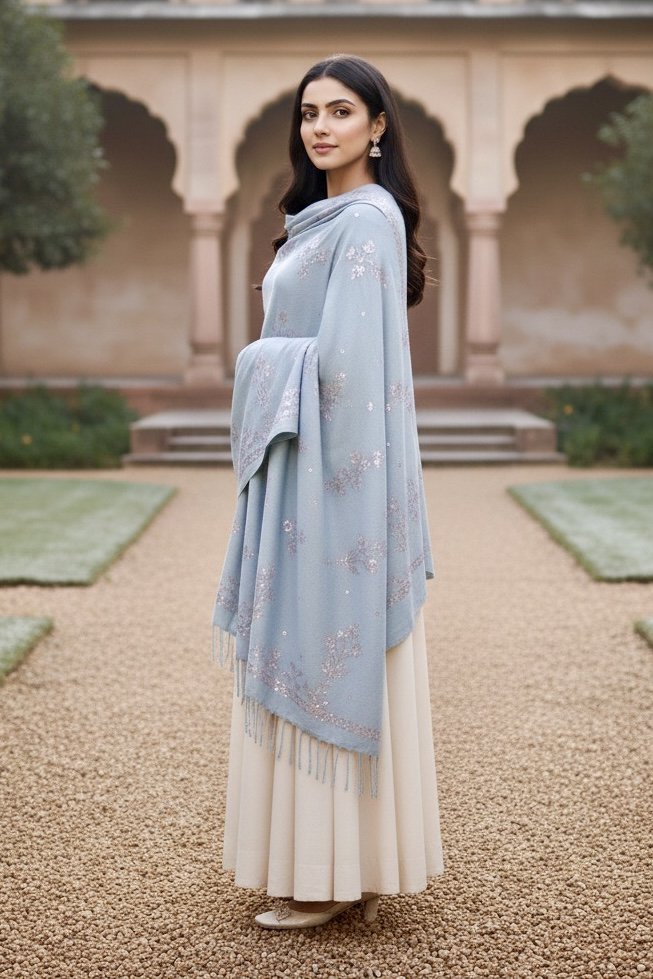 Woman wearing a light blue shawl by Umaid Couture over a white dress in an outdoor setting