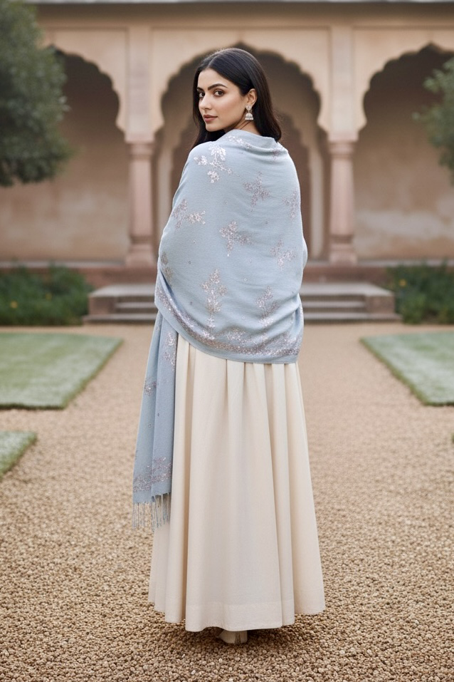 Woman wearing a light blue shawl by Umaid Couture over a white dress in an outdoor setting