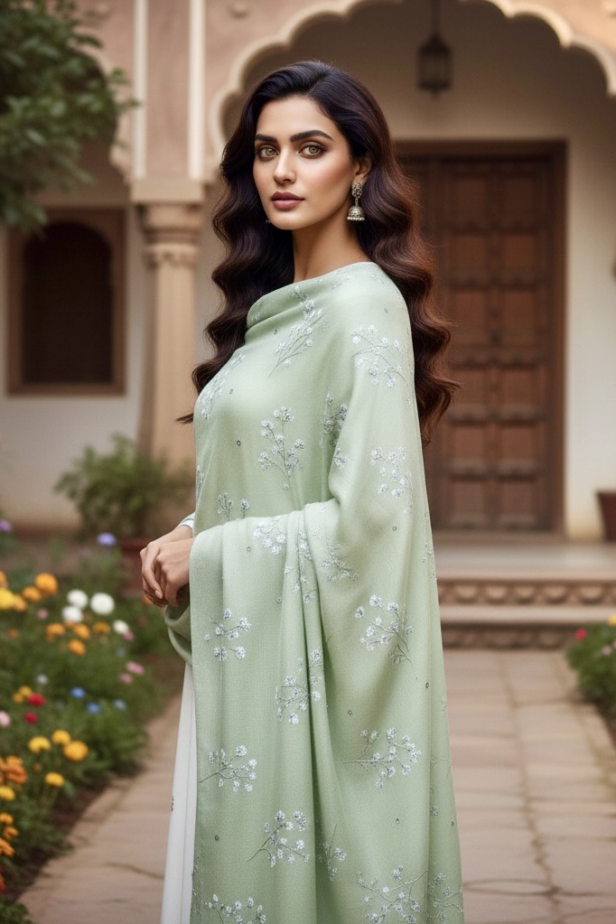 Woman in a pastel green shawl embellished with tiny flowers sequins by Umaid Couture standing in a garden courtyard