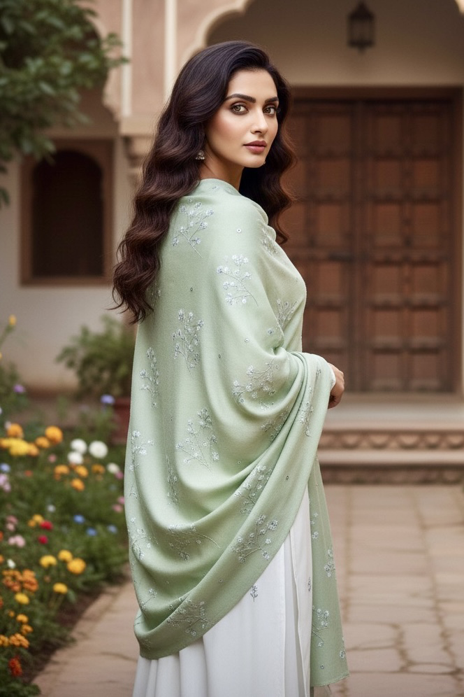 Woman in a pastel green shawl embellished with tiny flowers sequins by Umaid Couture standing in a garden courtyard