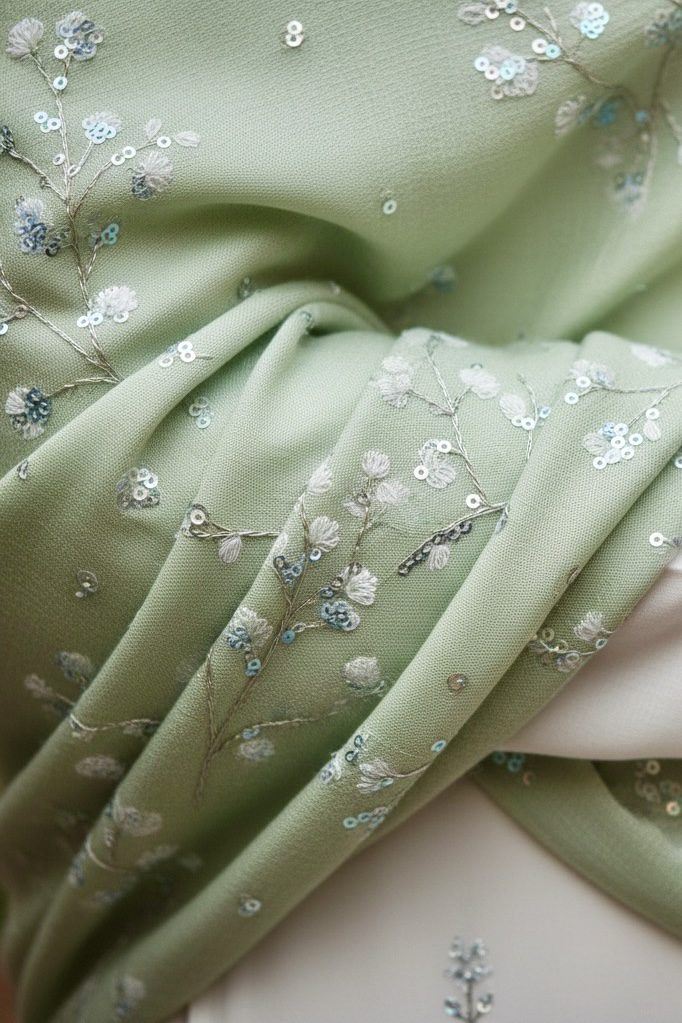 Close up of a pastel green shawl embellished with tiny flowers sequins by Umaid Couture
